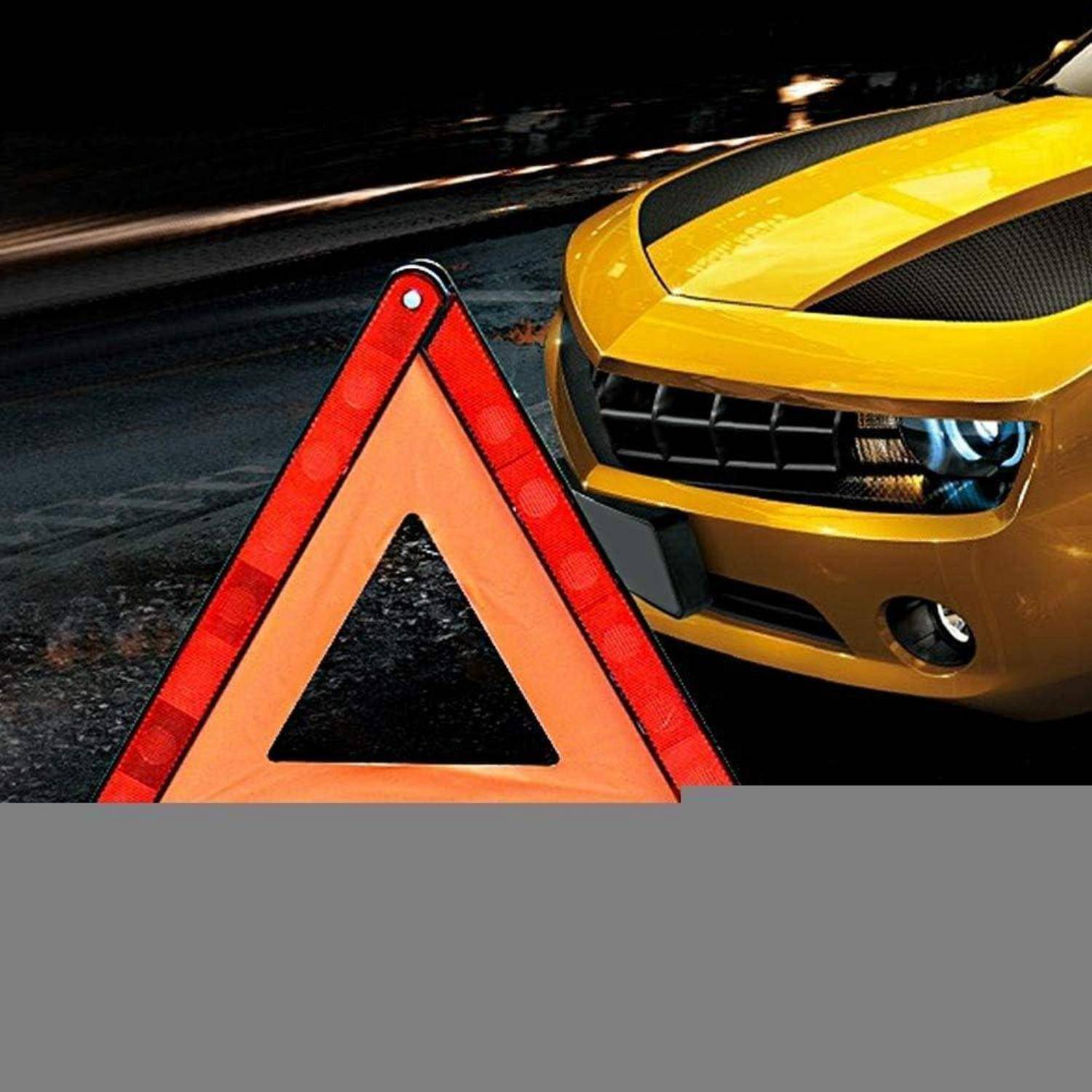 Rotes Warndreieck neben der Vorderseite eines gelben Sportwagens, das eine Pannensituation am Straßenrand oder eine Unfallwarnung andeutet.
