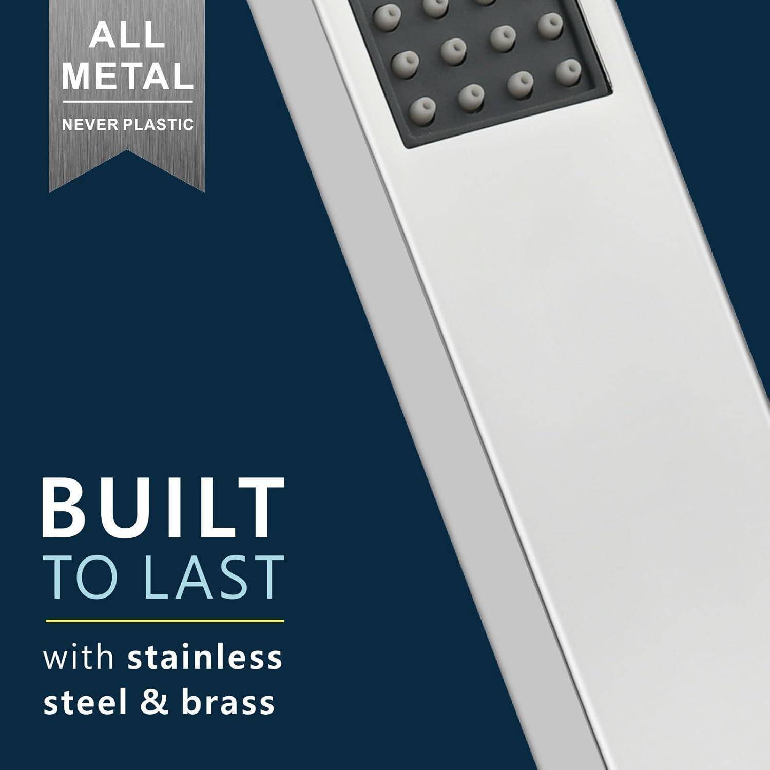 Werbegrafikdesign für ein Metallprodukt mit dem Text „VOLLSTÄNDIG AUS METALL, NIE AUS KUNSTSTOFF