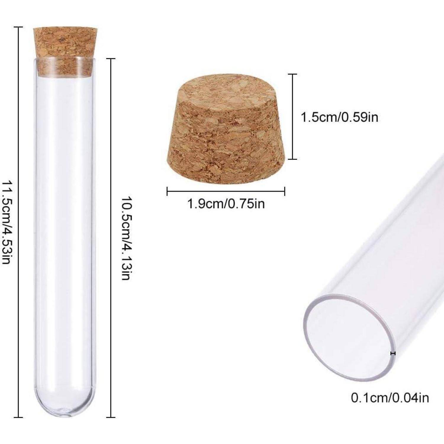 Abbildung eines klaren Glastestrohrs mit Korkstöpsel, mit folgenden Abmessungen: Röhrchen 11,5 cm hoch, nutzbare Höhe 10,5 cm, Öffnung 0,1 cm, Stöpsel 1,9 cm breit und 1,5 cm hoch.