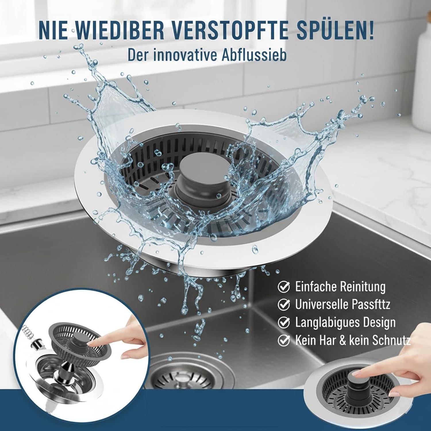 3-in-1 Siebstöpsel für Spülbecken - Pop-Up Abflussstöpsel mit Edelstahlsieb, Anti-Verstopfung &amp; Spritzschutz