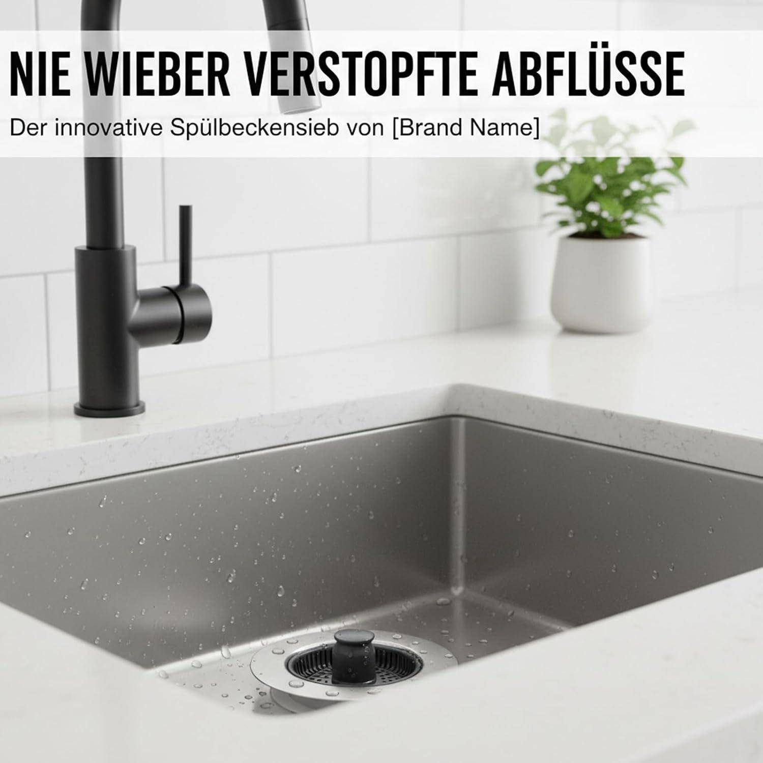 Modernes Spülbecken mit schwarzem Wasserhahn und sichtbarem Abfluss; deutscher Anzeigentext lautet „NIE WIEDER VERSTOPFTE ABFLÜSSE" und „Das innovative Spülbeckensieb von [Brand Name]"".