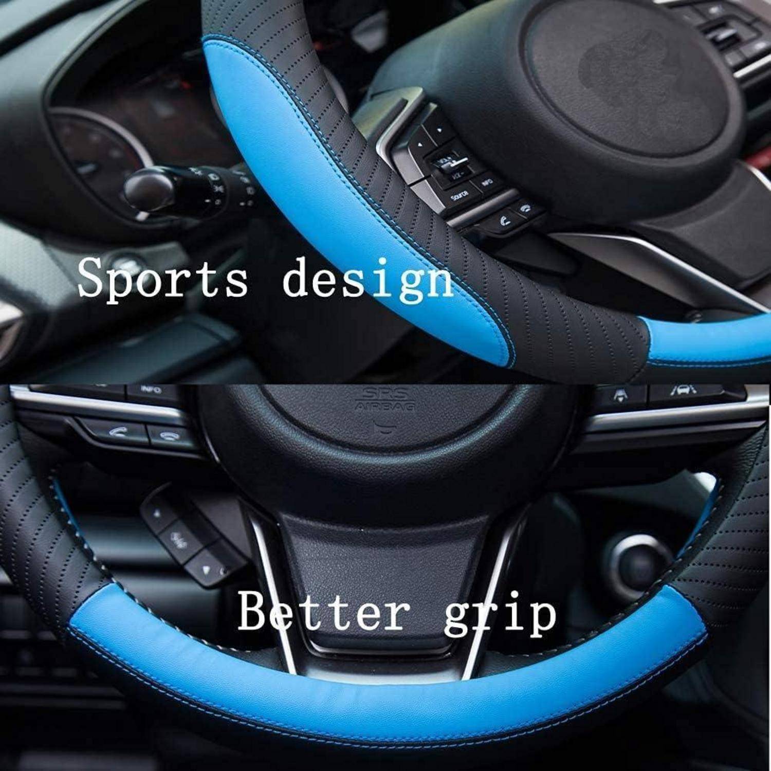 Nahaufnahme eines schwarz-blauen Autolenkrads mit den Texten „Sports Design" und „Besserer Grip"", die seinen sportlichen Griff hervorheben.