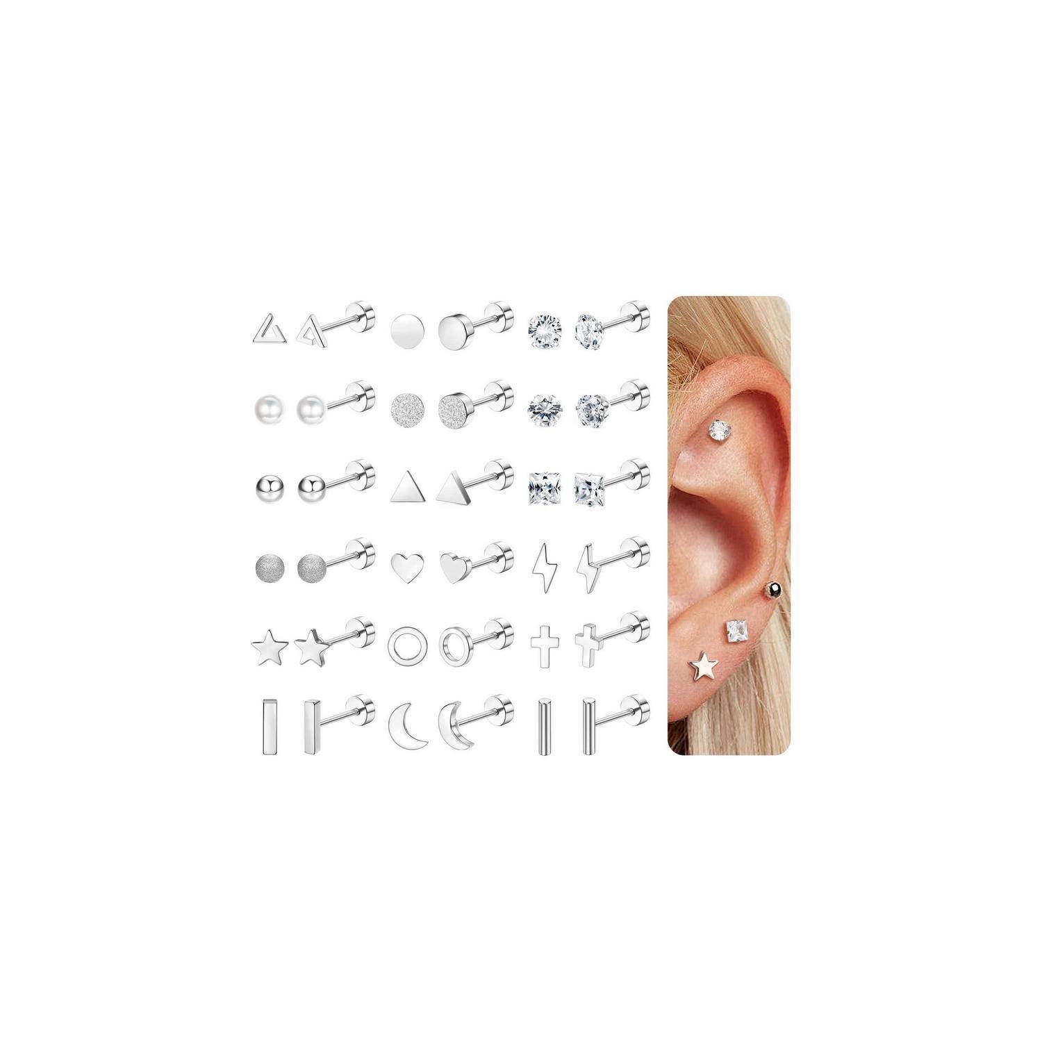 Bild von silbernem Ohrpiercing-Schmuck in verschiedenen Formen, mit einem Ohrenmodell, das mehrere kleine Piercings entlang der äußeren Ohrmuschel zeigt.