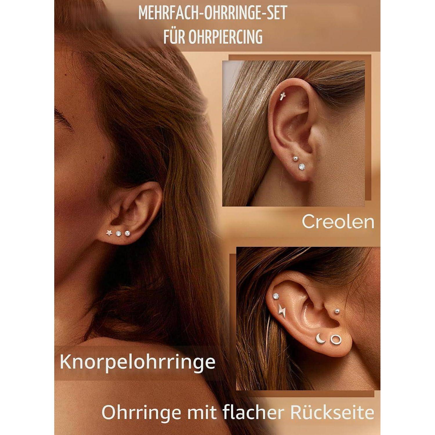 Werbebild mehrerer Ohrpiercing-Schmucksets an Frauenohren, gekennzeichnet mit „Knorpelohrringe