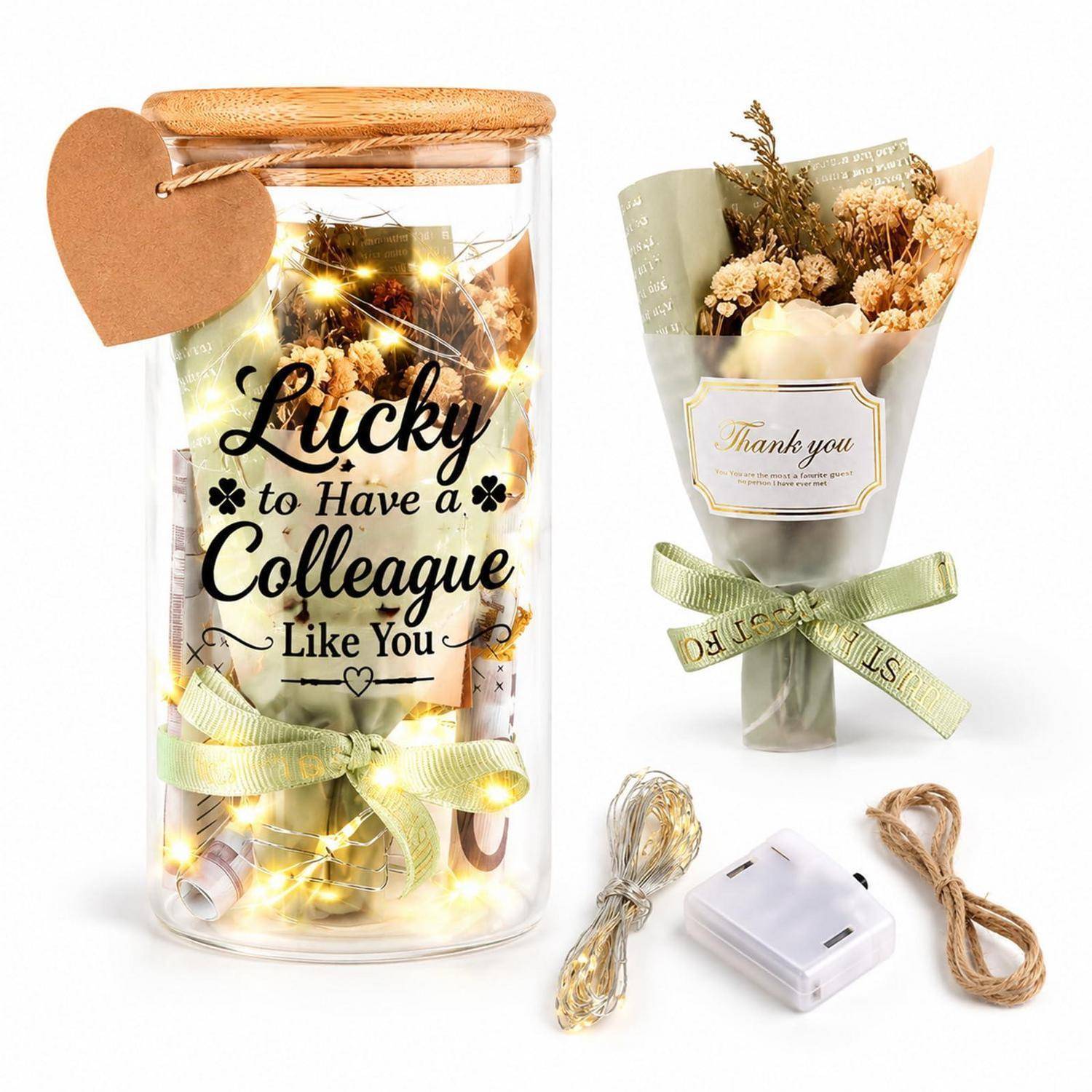 Geschenkset mit einem Glas mit der Aufschrift „Glück, einen Kollegen wie dich zu haben