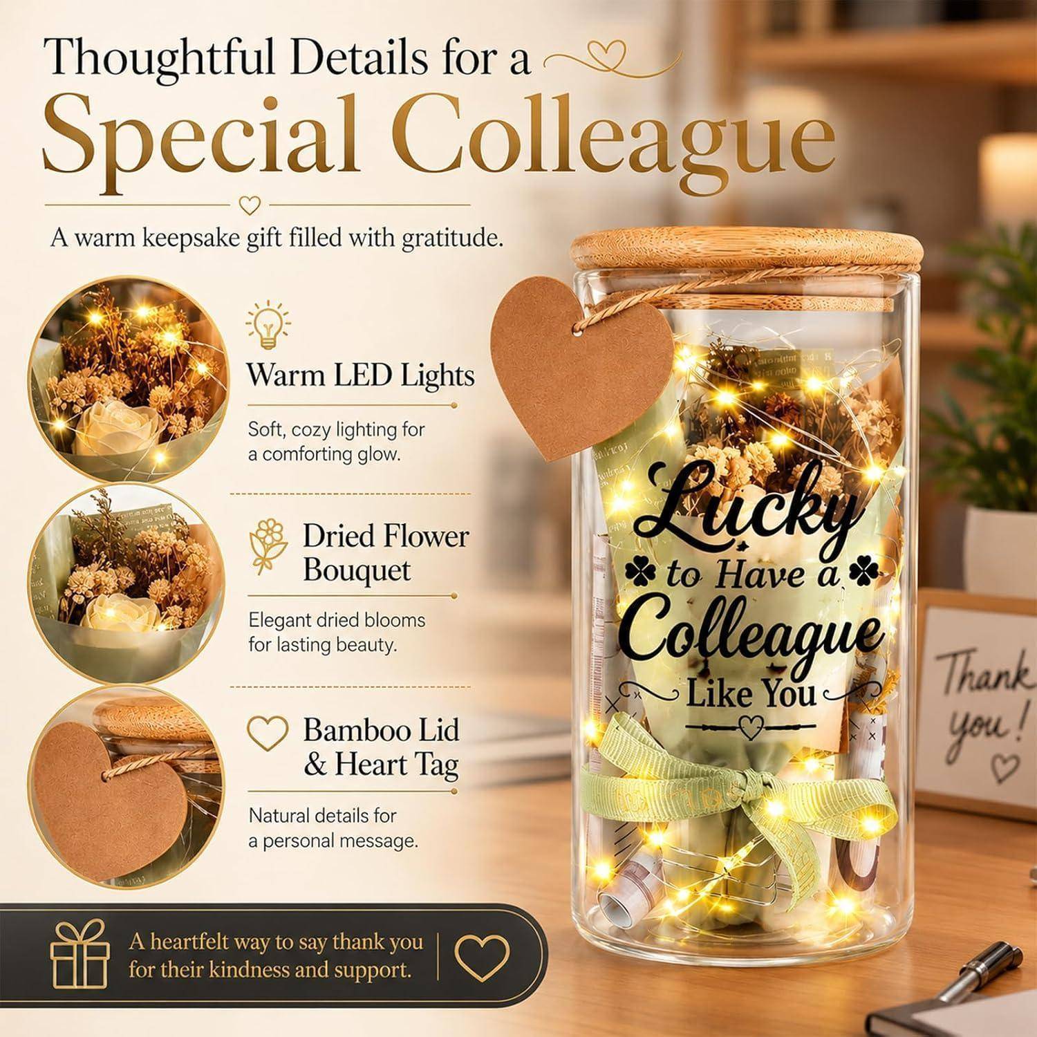 Geschenkglas für einen besonderen Kollegen mit warmem LED-Licht, getrockneten Blumen, Bambusdeckel und Herz-Anhänger; mit der Aufschrift „Glück gehabt, einen Kollegen wie dich zu haben
