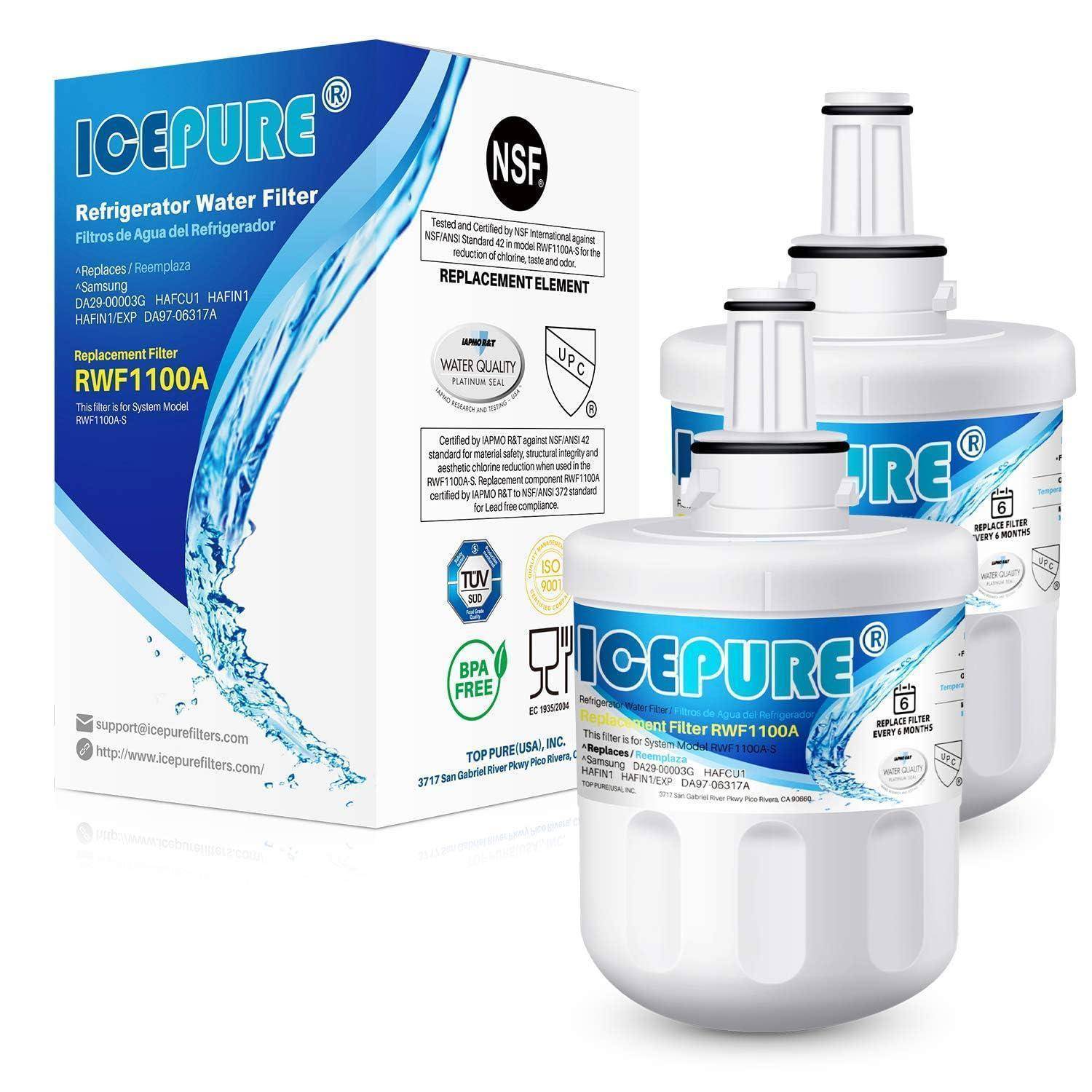 ICEPURE Kühlschrank-Wasserfilterwechselpatrone, abgebildet mit Produktbox und zwei weißen Filtereinheiten mit der Bezeichnung RWFF100A.