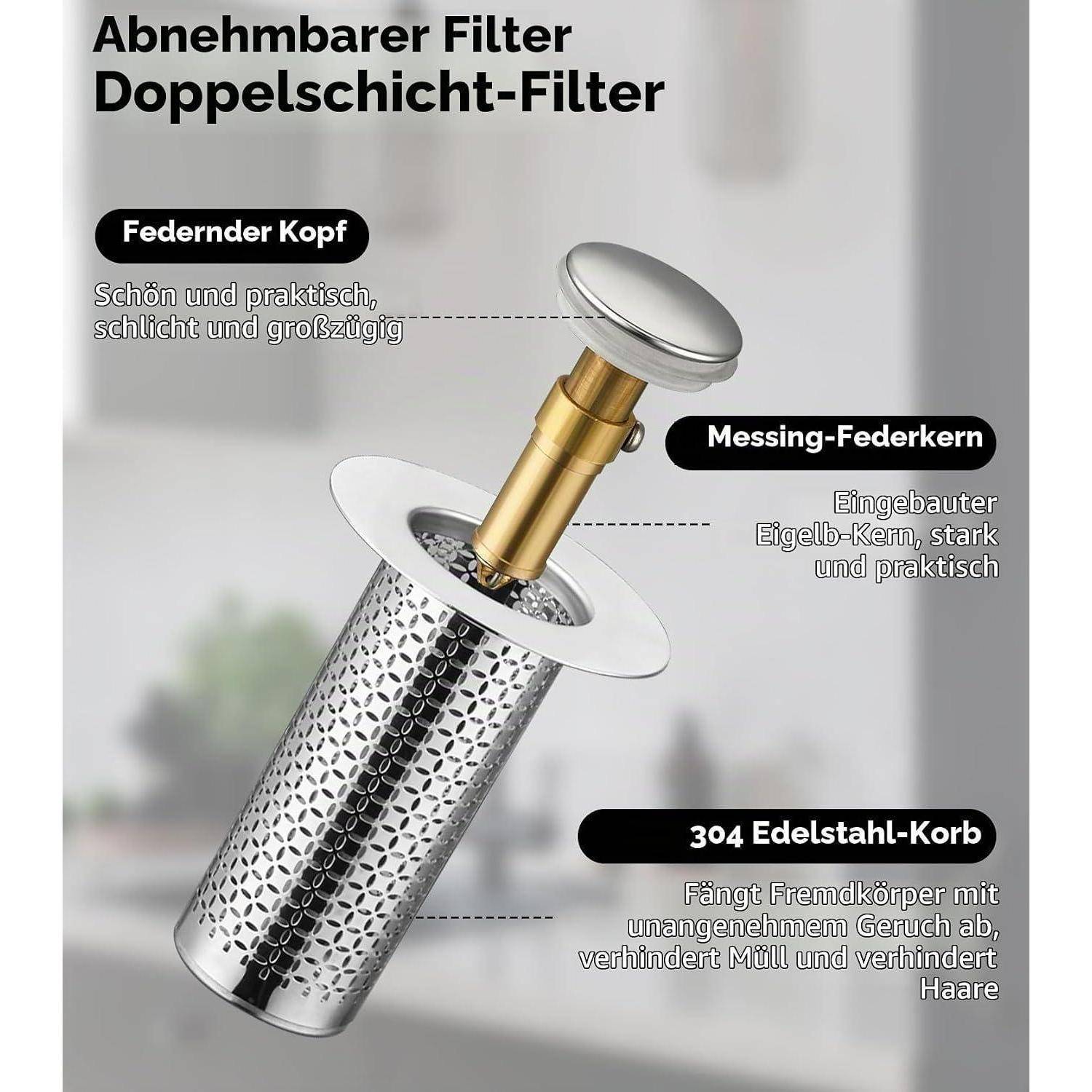 2 Stück Edelstahl Pop Up Abflusssieb,Abflussstopfen Waschbecken,Waschbeckenstöpsel Abfluss Sieb Universal Pop Up Sink Plug mit Anti Clogging Sieb