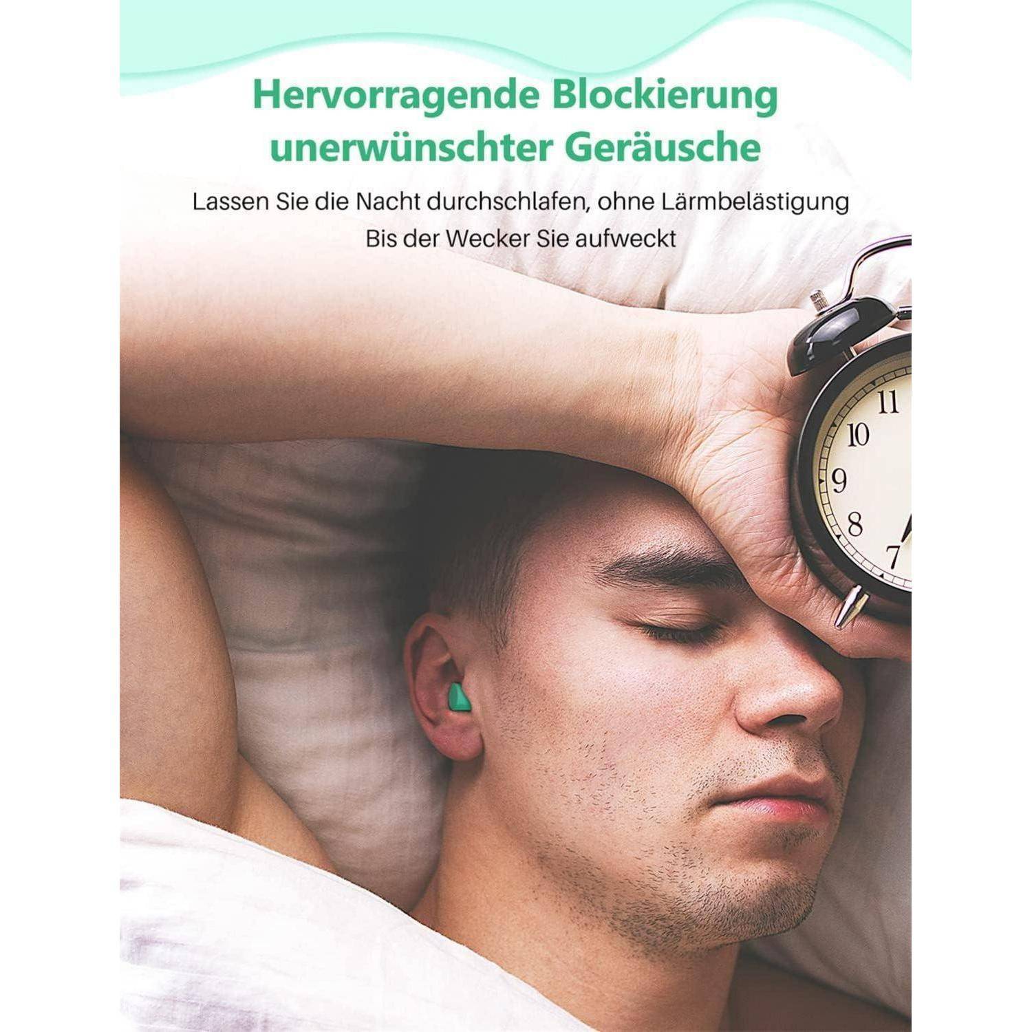 Anzeige mit einem schlafenden Mann mit Ohrstöpseln und einem Wecker, die hervorragende Blockierung von unerwünschtem Lärm und ungestörten Schlaf bis zum Wecken durch den Alarm bewirbt.