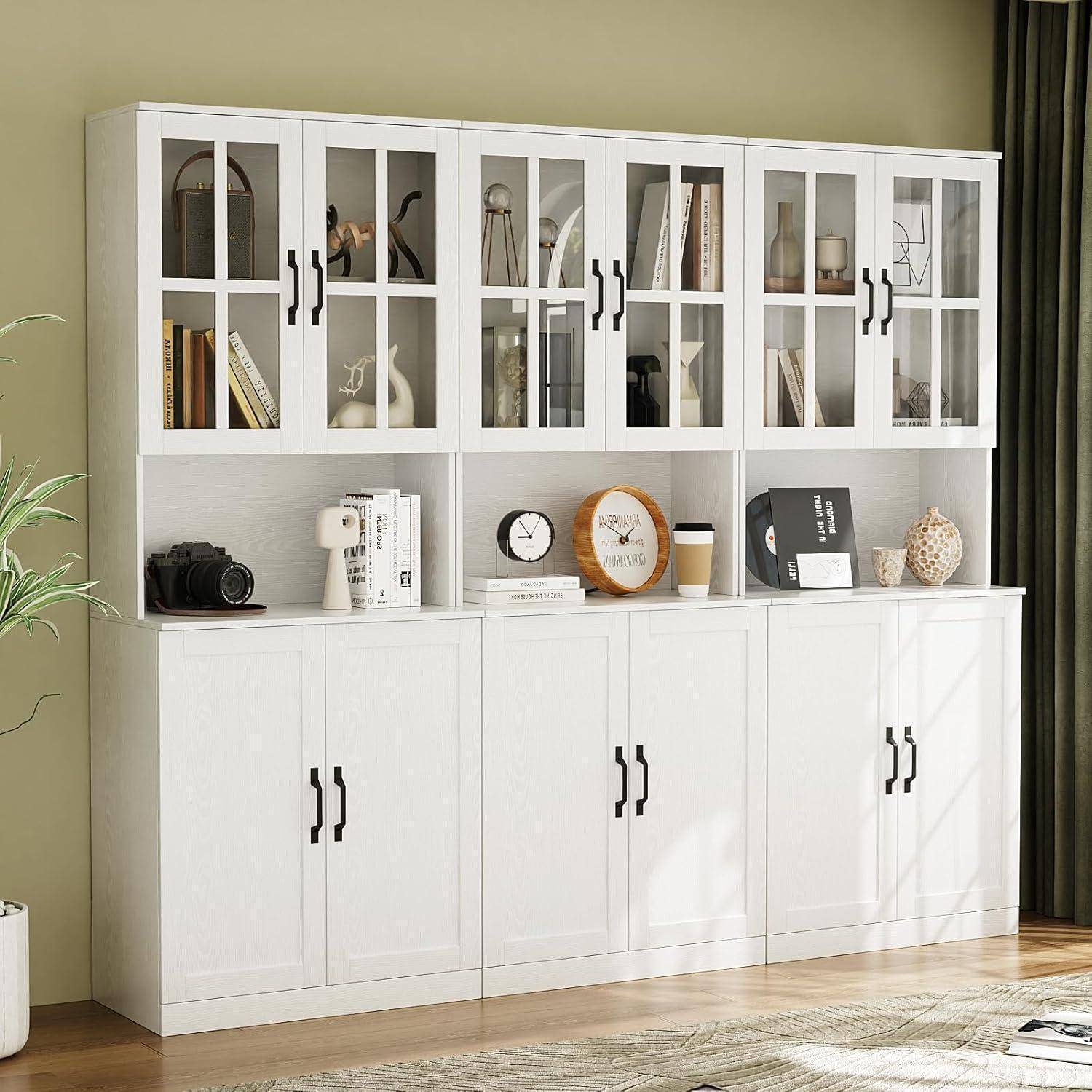 VOWNER Bücherregal mit Glastüren und offenem Fach, 180 cm Hochschrank, 5 Ebenen Bücherschrank, Standregal Vitrinenschrank, Buffetschrank mit Arbeit