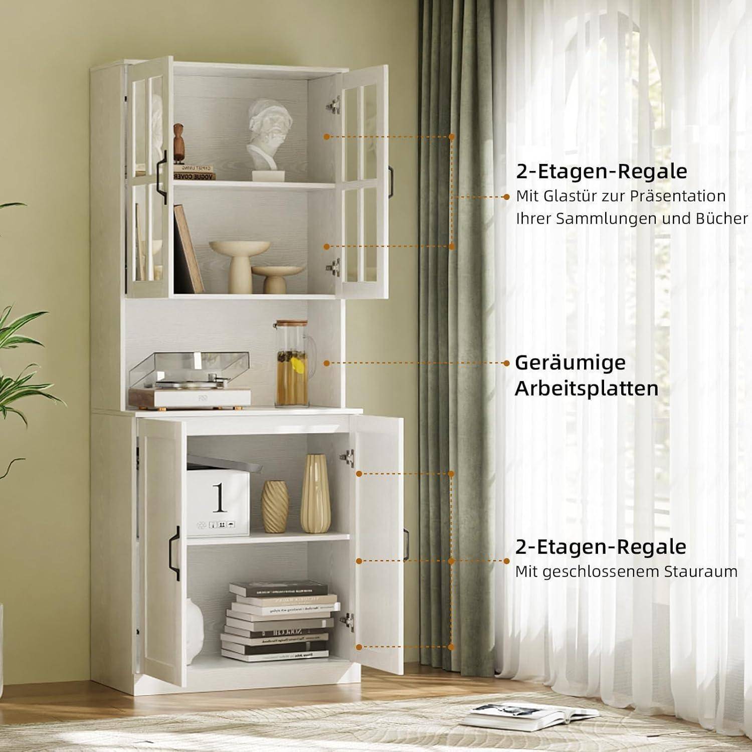 VOWNER Bücherregal mit Glastüren und offenem Fach, 180 cm Hochschrank, 5 Ebenen Bücherschrank, Standregal Vitrinenschrank, Buffetschrank mit Arbeit