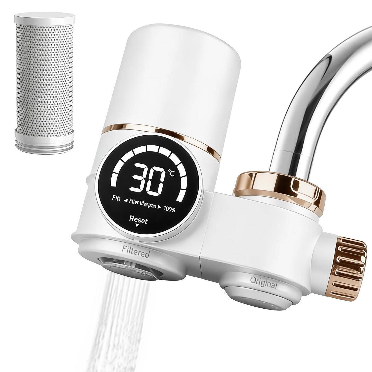 Weißer Wasserhahndfilter mit digitaler Anzeige, die 30°C anzeigt, separater Filterkartuscheneinsatz und Wasser, das aus der Auslaufspitze fließt.