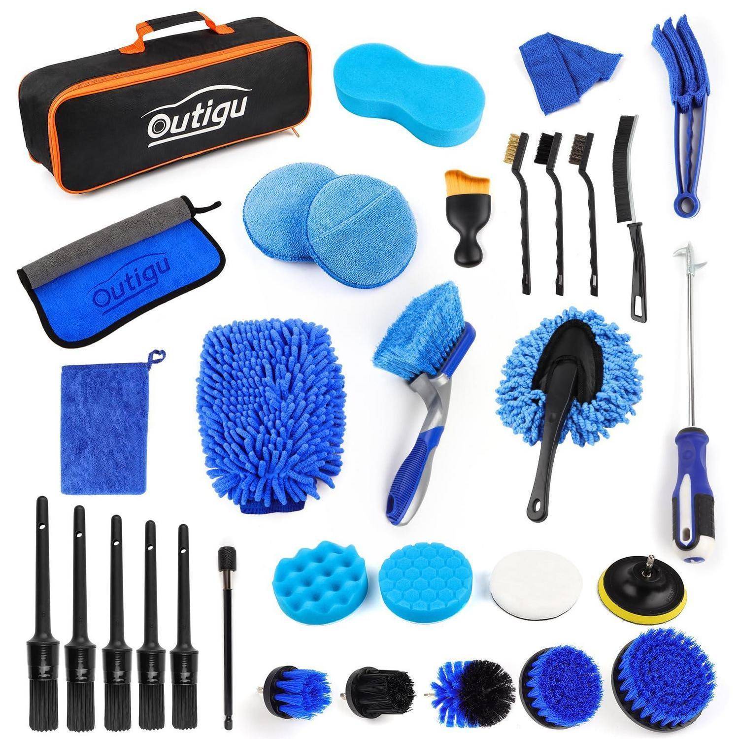 Autopolitur-Set mit Tragetasche, Mikrofasertüchern, Schwämmen, Bürsten, Schrubbpads, Radbürste, Waschhandschuh, Staubwedel und Griff-Aufsätzen.