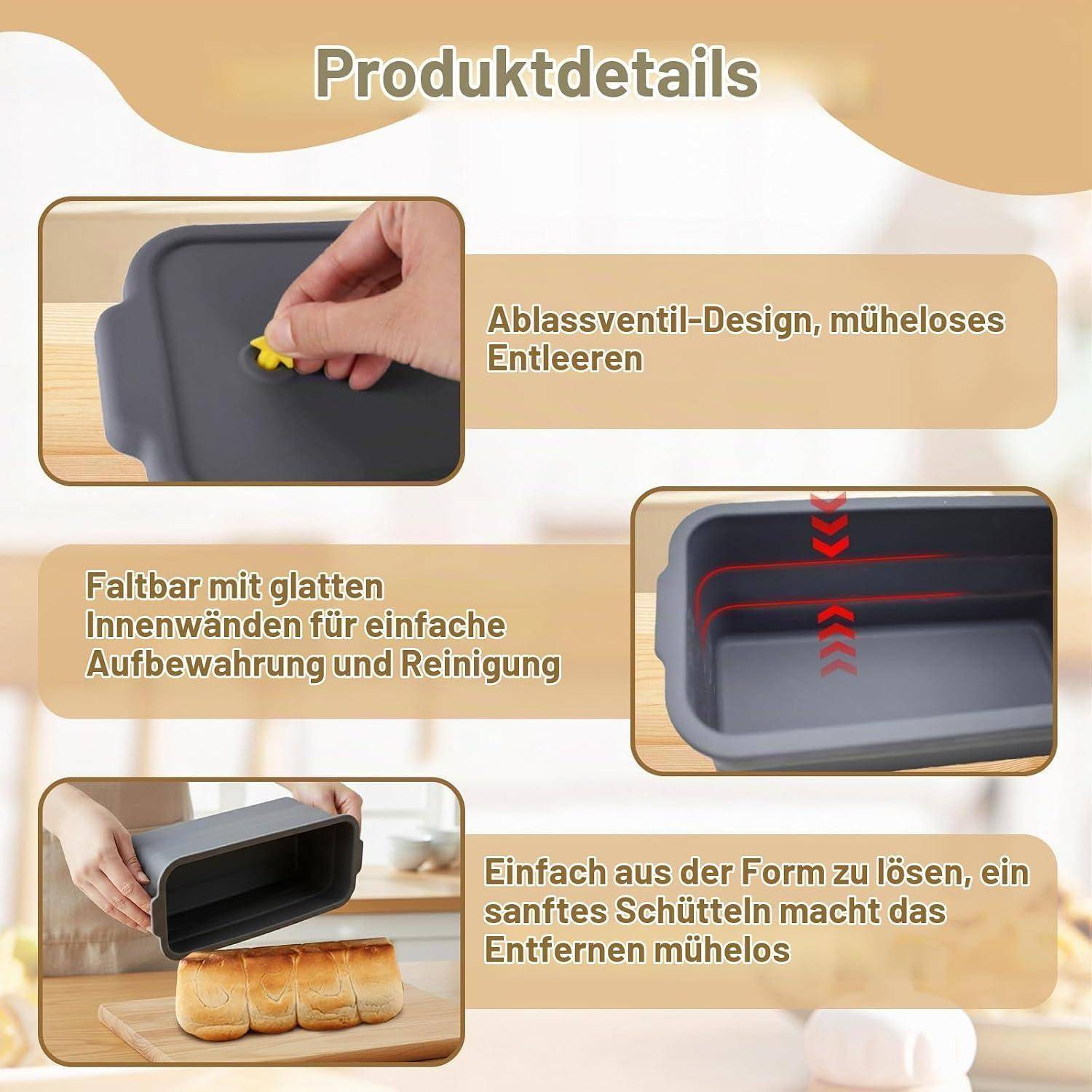 Produktdetails-Infografik für ein faltbares Tablett mit Ablassventil, glatten Innenwänden zur leichten Reinigung und einfacher Freigabe aus der Form durch sanftes Schütteln