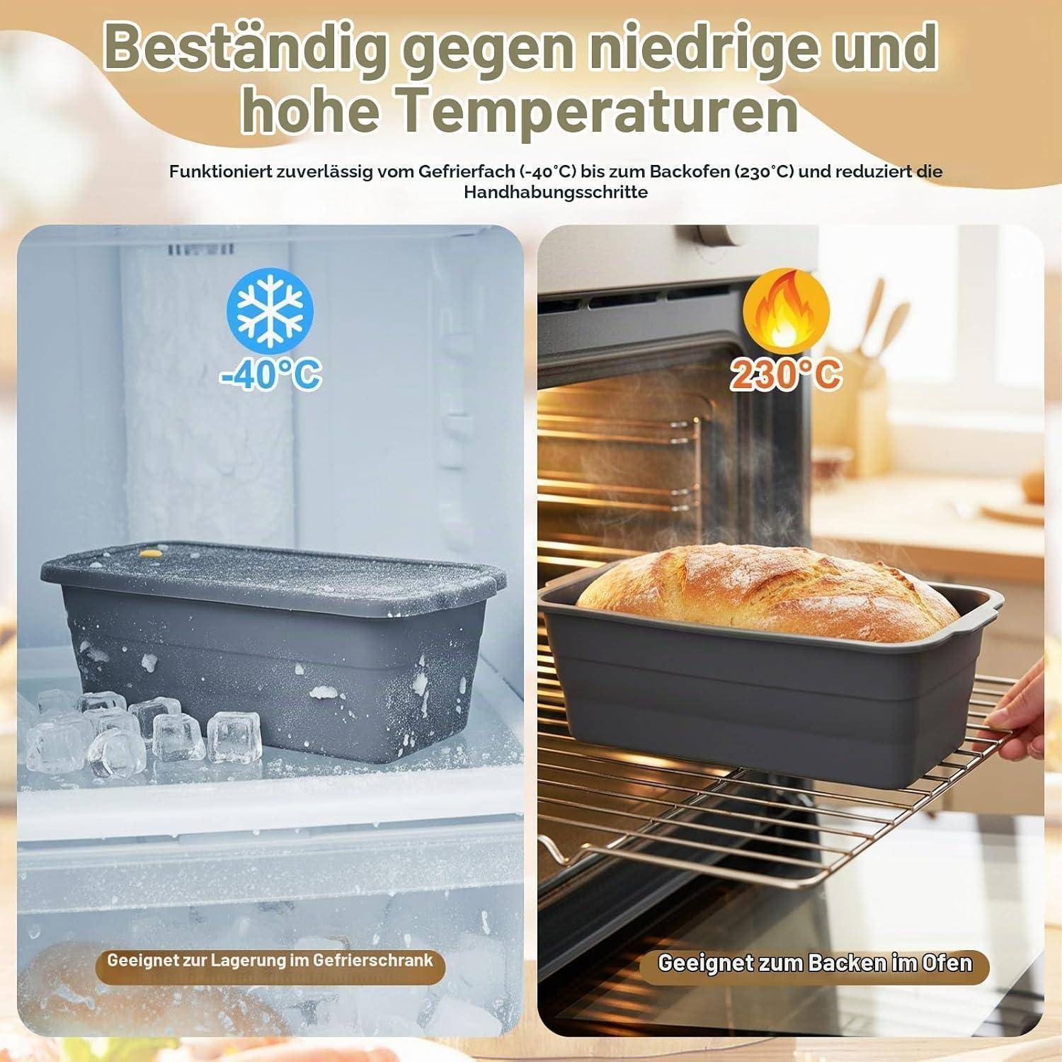 Lebensmittelbehälter, sicher von -40°C Gefrierlagerbenutzung bis 230°C Backofen-Erhitzung, mit deutschem Text und Bildern der Behälter im Gefrierschrank und Ofen.
