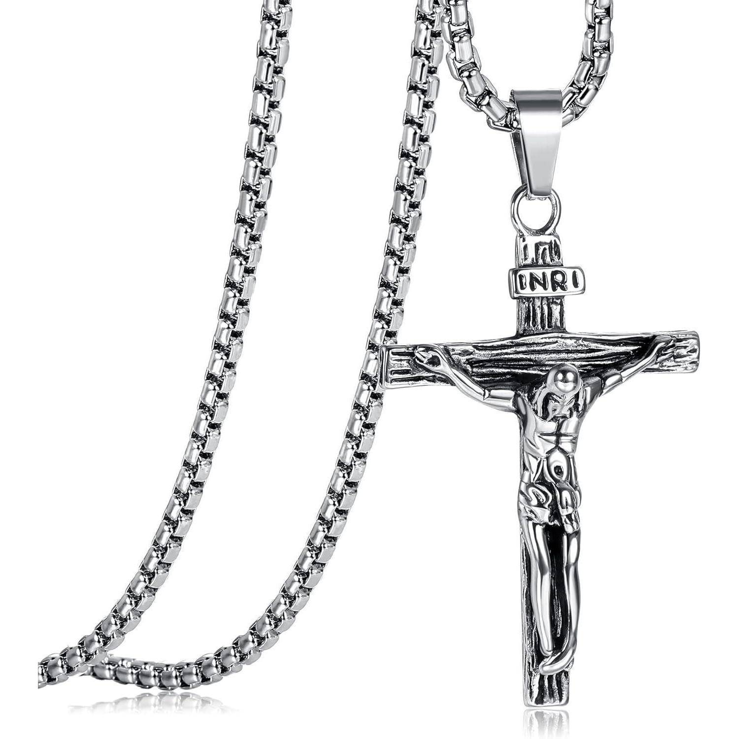 Silberner Kruzifix-Anhänger-Halskette mit Kette, zeigt eine detaillierte Jesusfigur und eine „INRI