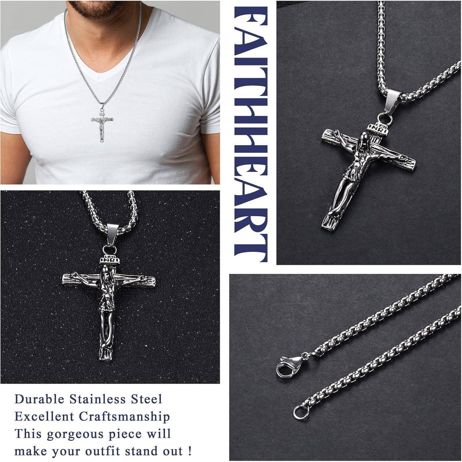 Collage einer silbernen Kruzifix-Halskette, die mit einem weißen Hemd getragen wird, in Nahaufnahme auf dunklen Hintergründen und mit Kettendetails; enthält den Text „FAITH