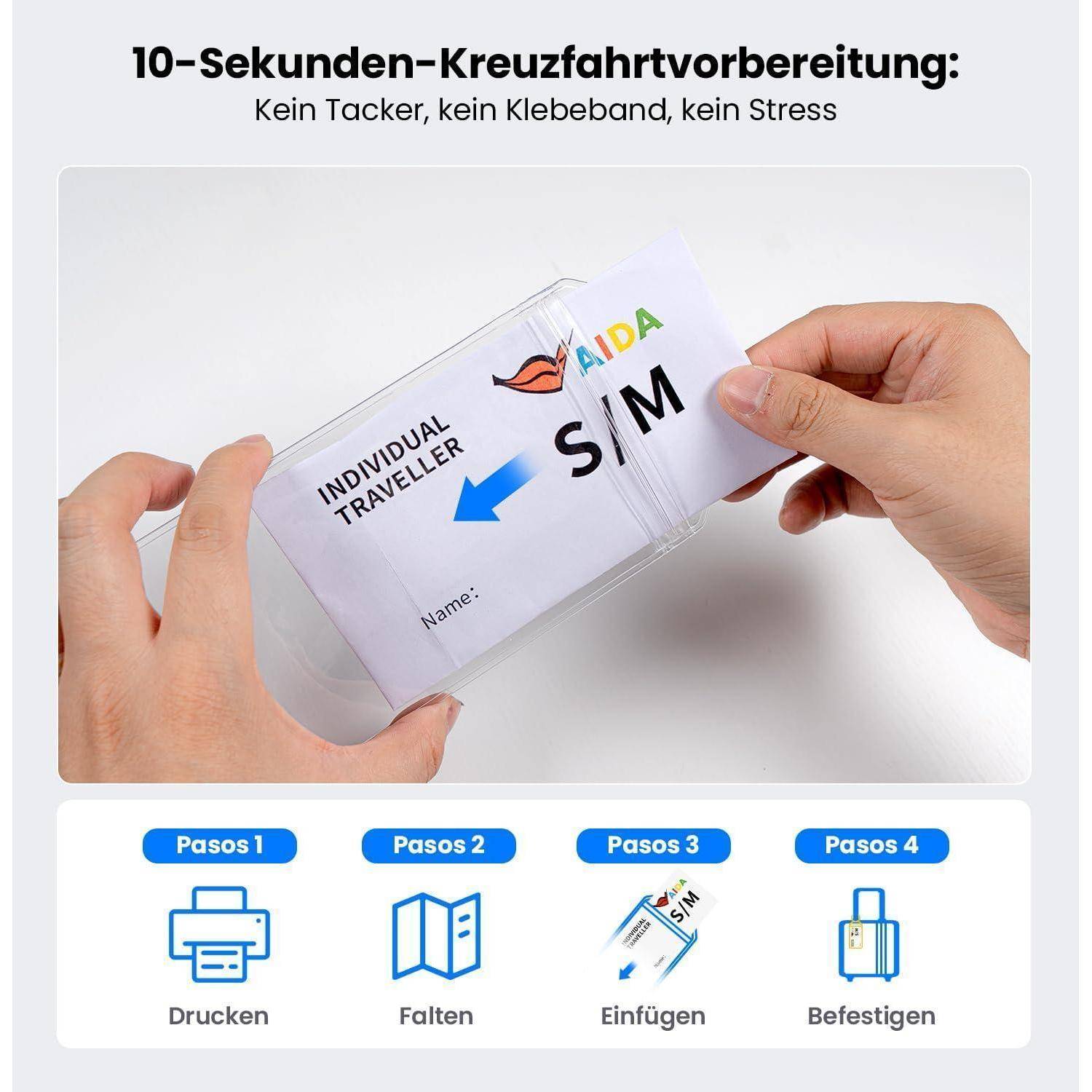Anleitungsgrafik zum Vorbereiten einer AIDA-Kreuzfahrt-Reiseunterlagen-Umschlag mit „SIM": drucken, falten, einführen und sichern – gekennzeichnet als 10-Sekunden-Vorbereitung ohne Tacker, Klebstoff oder Stress.