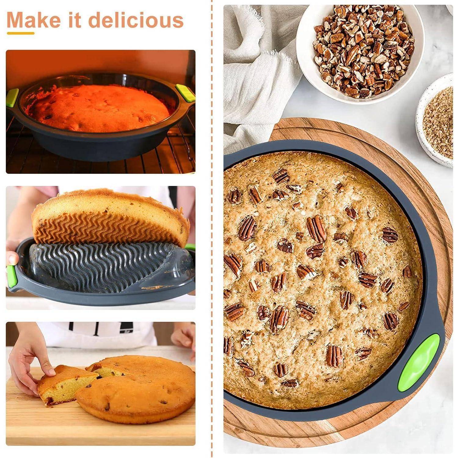 Werbekollage, die zeigt, wie ein Kuchen in einer runden Silikonform gebacken wird, dann herausgenommen und in Scheiben geschnitten wird; fertiger Kuchen mit Pekannüssen belegt und Unterschrift „Machen Sie es köstlich".