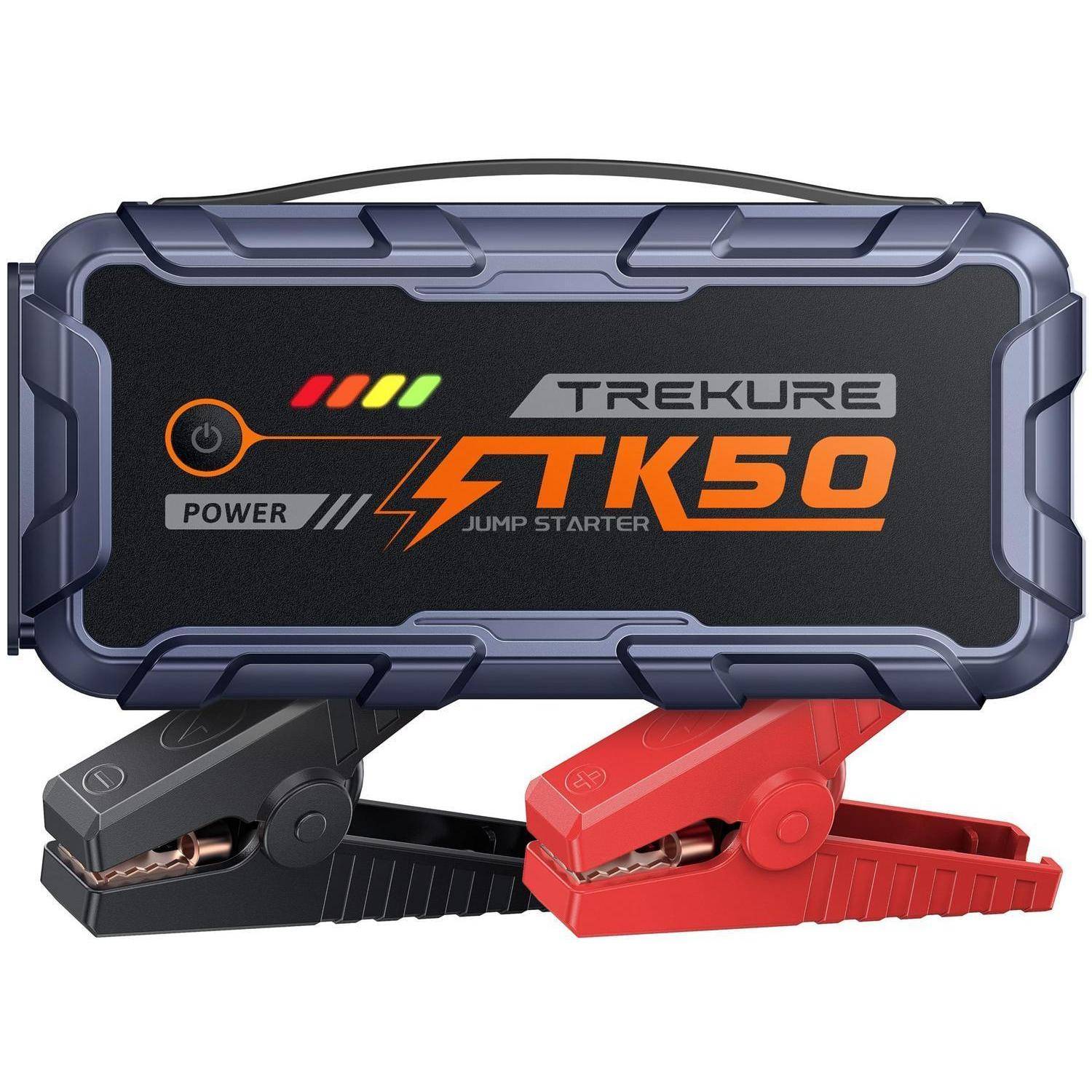 Trekure TK50 Starthilfegerät mit schwarzen und roten Batterieklemmen, die unter dem Gerät angebracht sind.