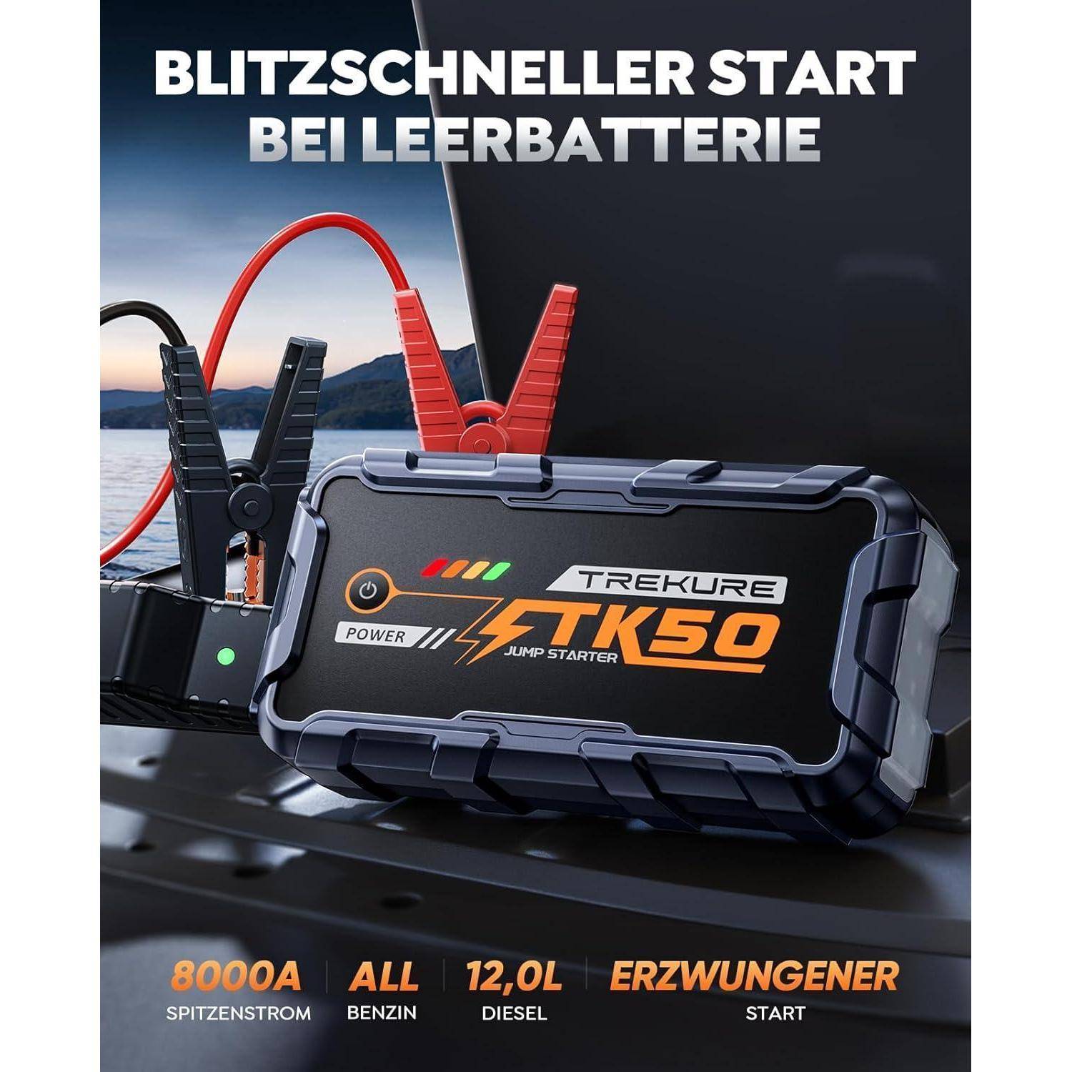 Tragbarer TREKURE TK50 Starthilfe mit Klemmen und Kabel, gekennzeichnet mit 8000A Spitzenstrom, für Benzin-, Diesel- und Zwangsstart in Situationen mit schwacher Batterie.