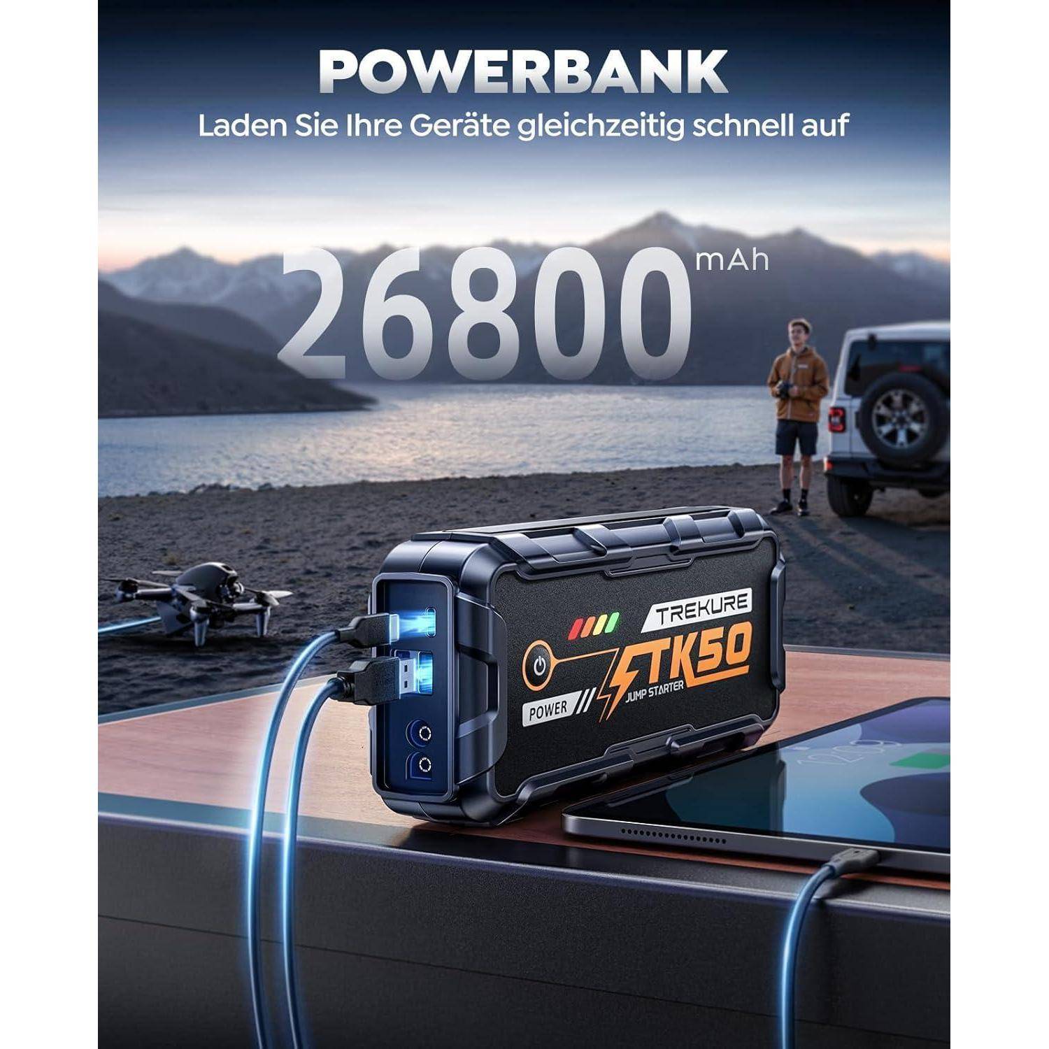 Starthilfe Powerbank für PKW 8000A (All Gas/12,0L Diesel), Auto Starthilfe 26800mAh, 12V Autobatterie Booster mit 800 Lumen Taschenlampe, 2 USB Ausg