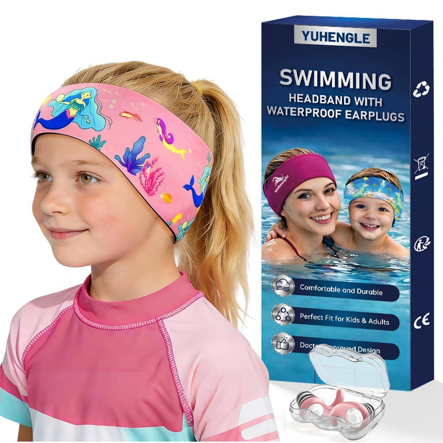 Mädchen trägt ein farbiges Schwimm-Stirnband; die Produktbox zeigt 