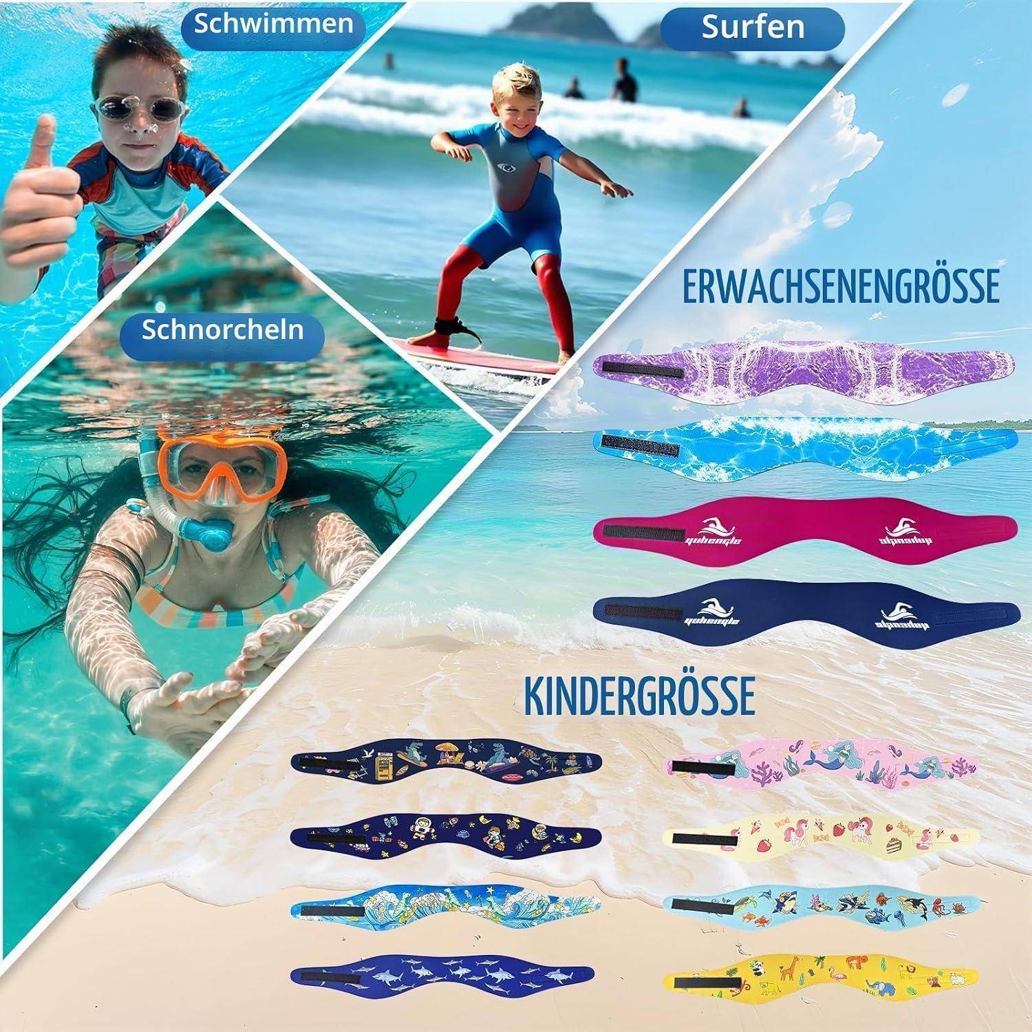 Werbegrafik mit Schwimm-, Surf- und Schnorchelbrillen in Erwachsenengröße und Kindergröße, gekennzeichnet mit „Erwachsenengröße