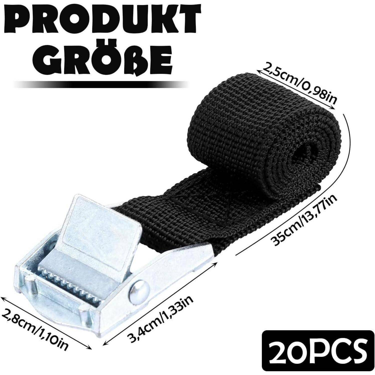 Produktgrößendiagramm eines schwarzen Spanngurts mit Metallschnalle: 2,5 cm breit, 35 cm lang und Schnallendimensionen 3,4 cm x 2,8 cm; mit der Aufschrift „20 STÜCK