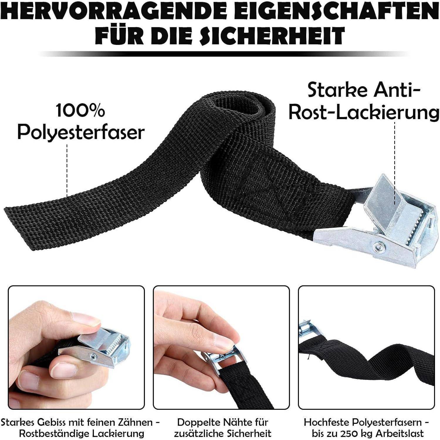 Schwarzer Polyester-Ratschengurt mit Metallschnalle, gekennzeichnet als 100% Polyesterfaser mit starker Rostschutzschicht, gezeigt mit detaillierten Nahaufnahmen zur Verwendung und Funktionen.