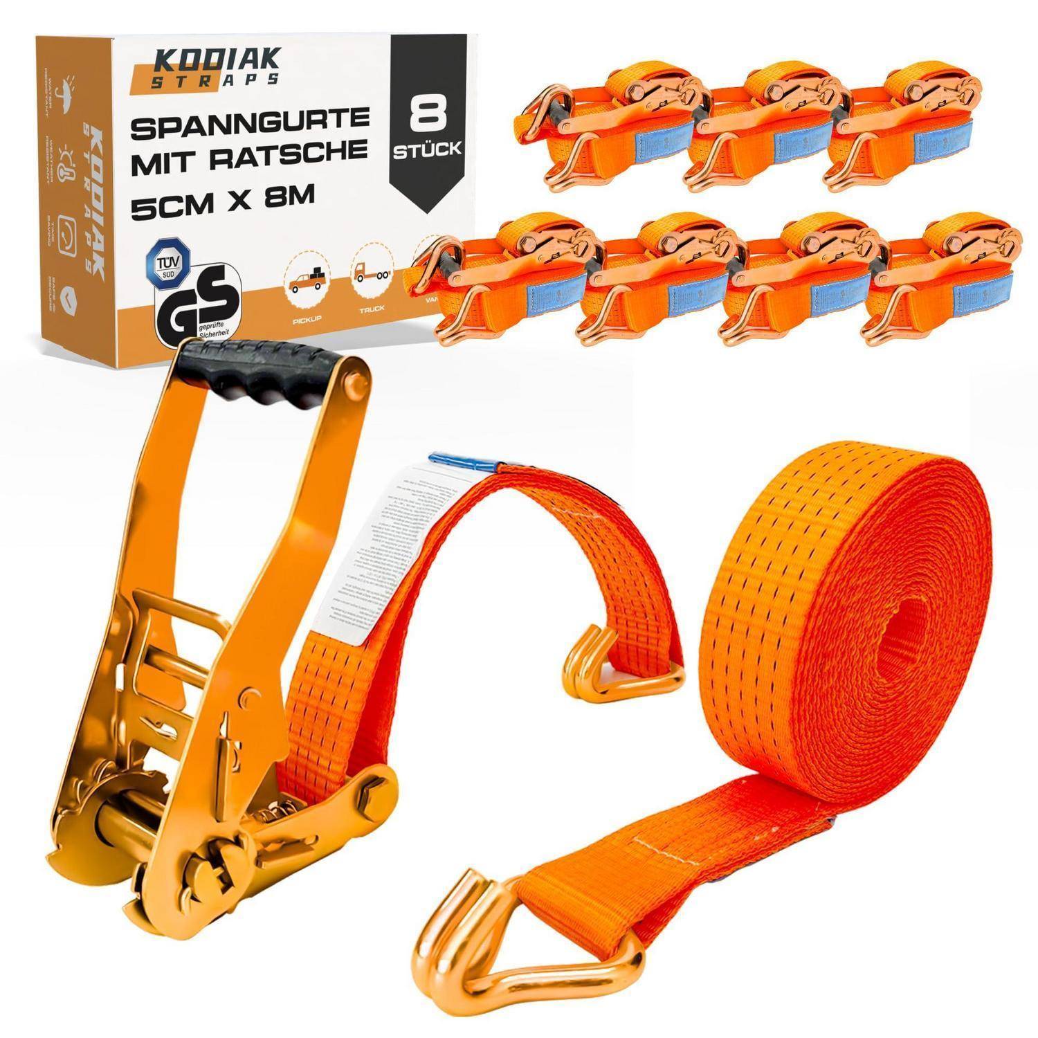 Orange KODIAK STRAPS Ratschengurte Set, 8 Stück, 5 cm x 8 m, gezeigt mit Ratschenschnalle und aufgerolltem Gurt in Verpackung.