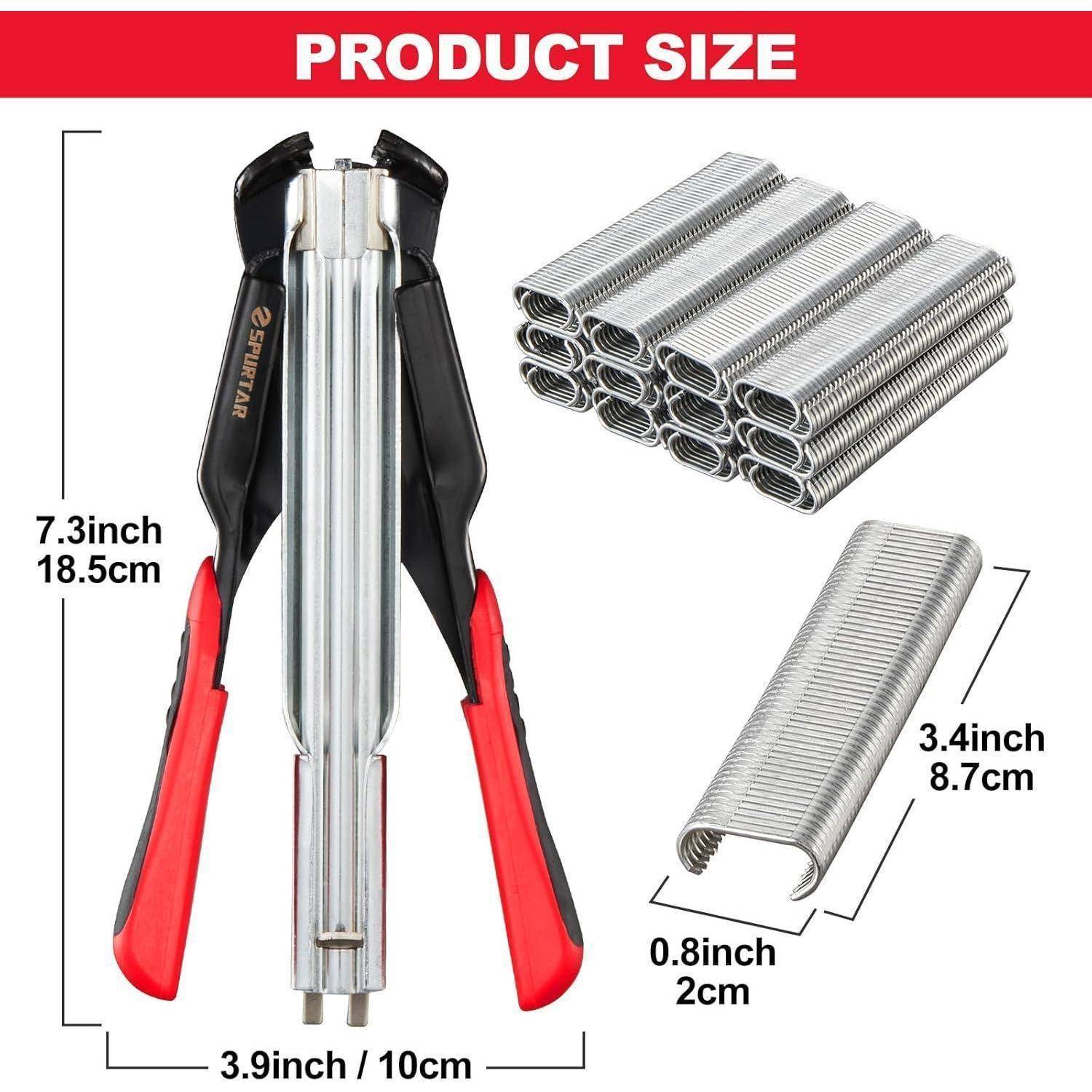 Produktgrößendiagramm eines tragbaren Metallwerkzeugs mit roten Griffen, das Abmessungen von 7,3 Zoll mal 3,9 Zoll zeigt, plus eine Federeinsatz, die 3,4 Zoll mal 0,8 Zoll misst.
