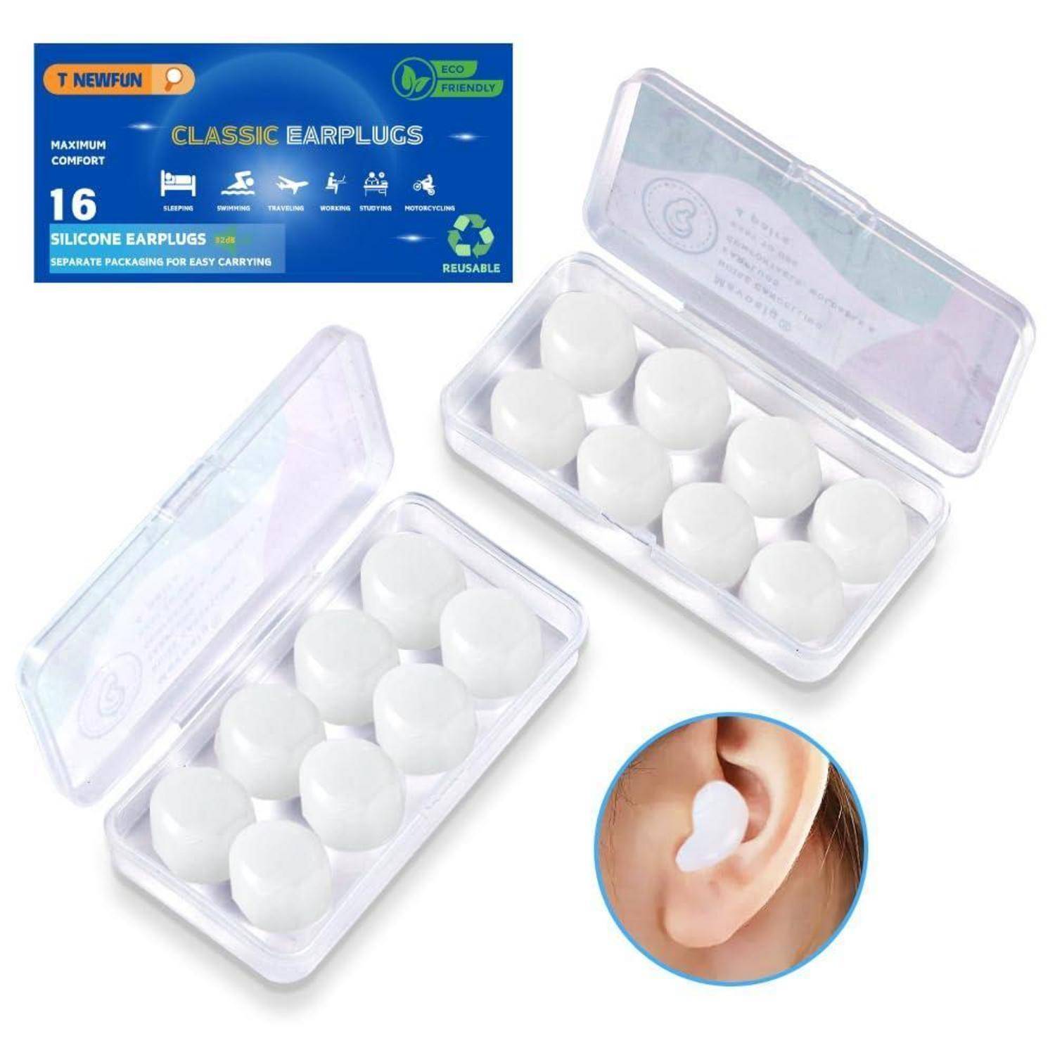 Produktbild von 16 weißen Silikon-Ohrstöpseln in durchsichtigen Kunststoffkästen, mit einem Etikett „Classic Earplugs