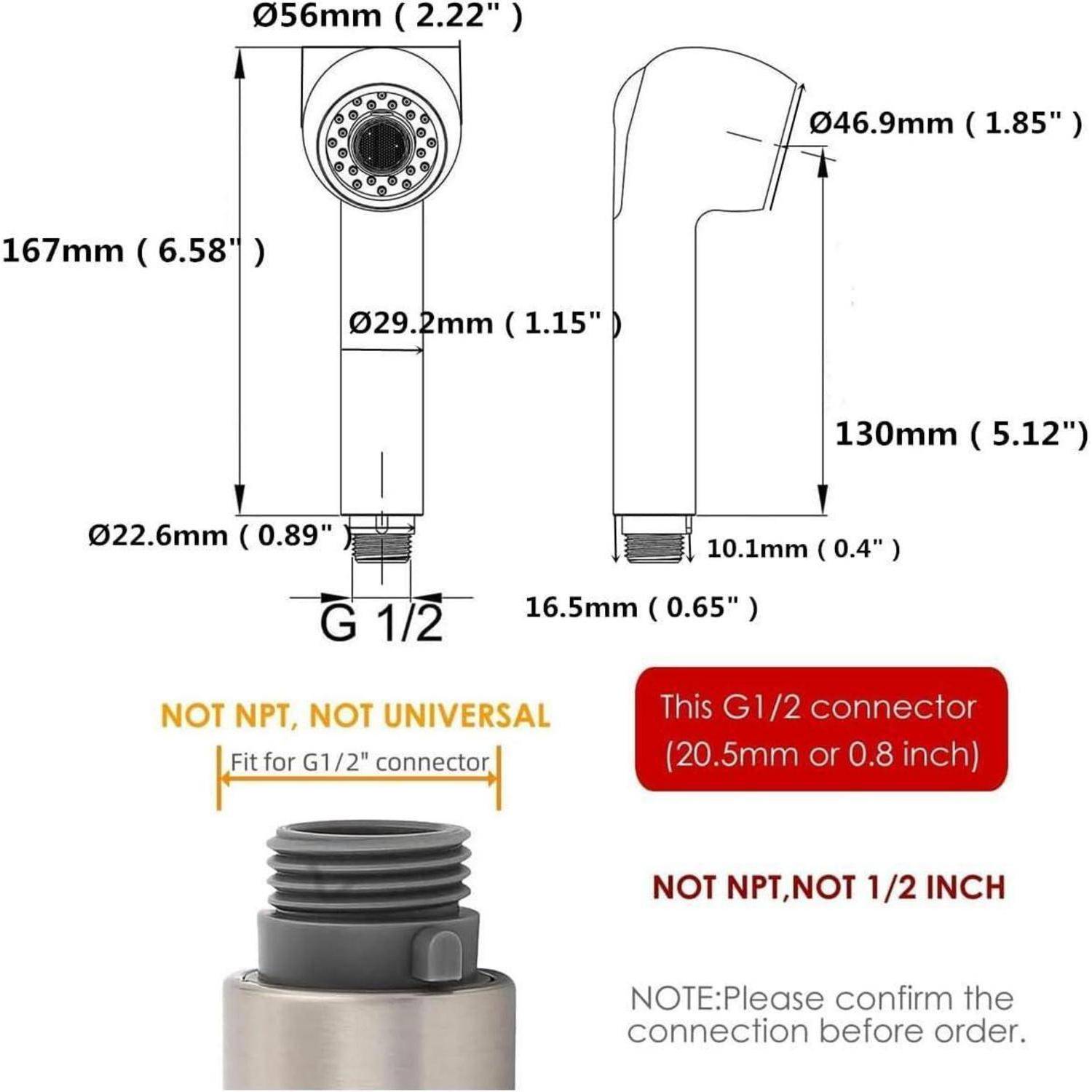 Duschkopf mit Maßangaben und G1/2-Anschluss, mit Vorder- und Seitenansicht sowie Maßstabzeichnungen und einem Hinweis, dass es sich nicht um NPT oder Universal handelt.