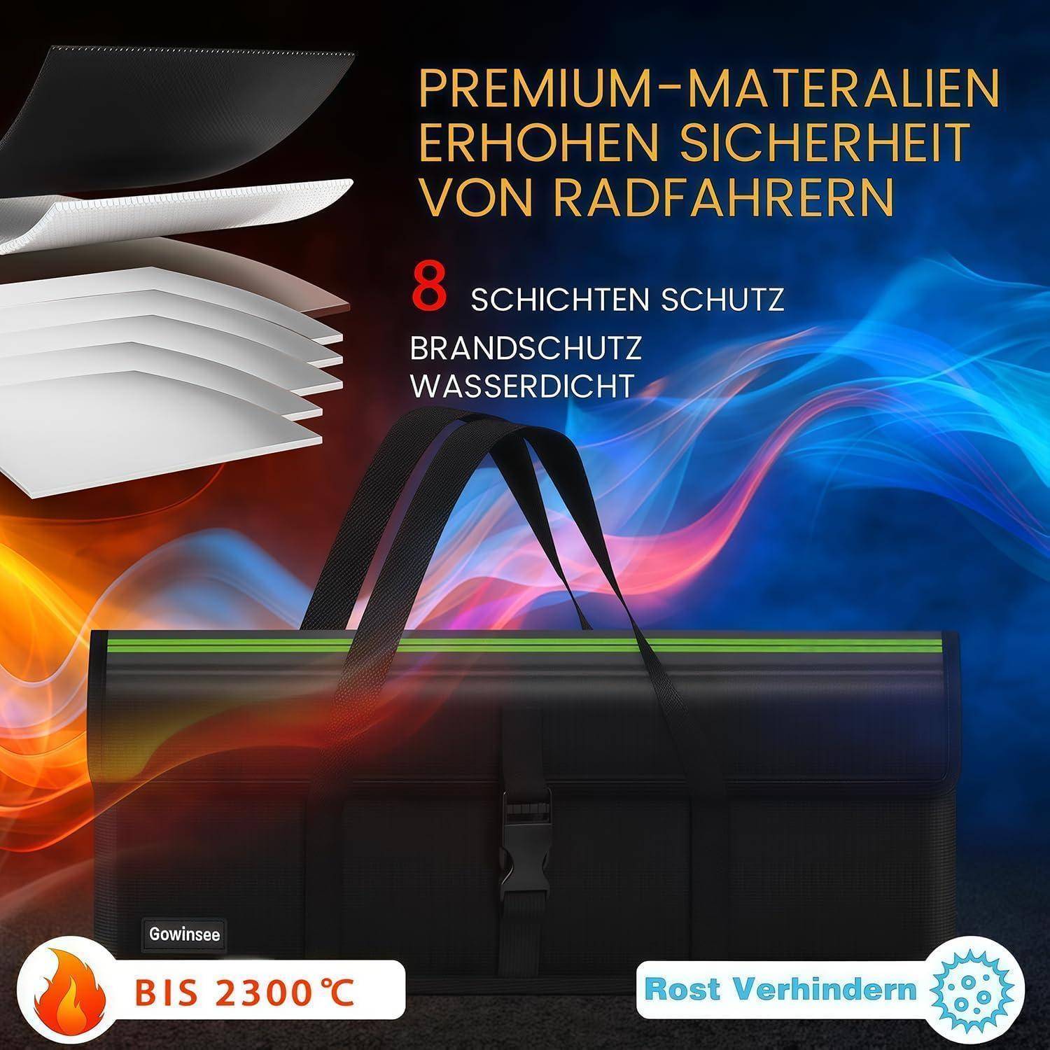 Ebike Akku Tasche, Upgrade 8 Schichten Brandschutz Feuerfest Akku Tasche bis 2300°C, Wasserdicht Explosionssicher, Lipo Safe Bag für Lagerung Transp