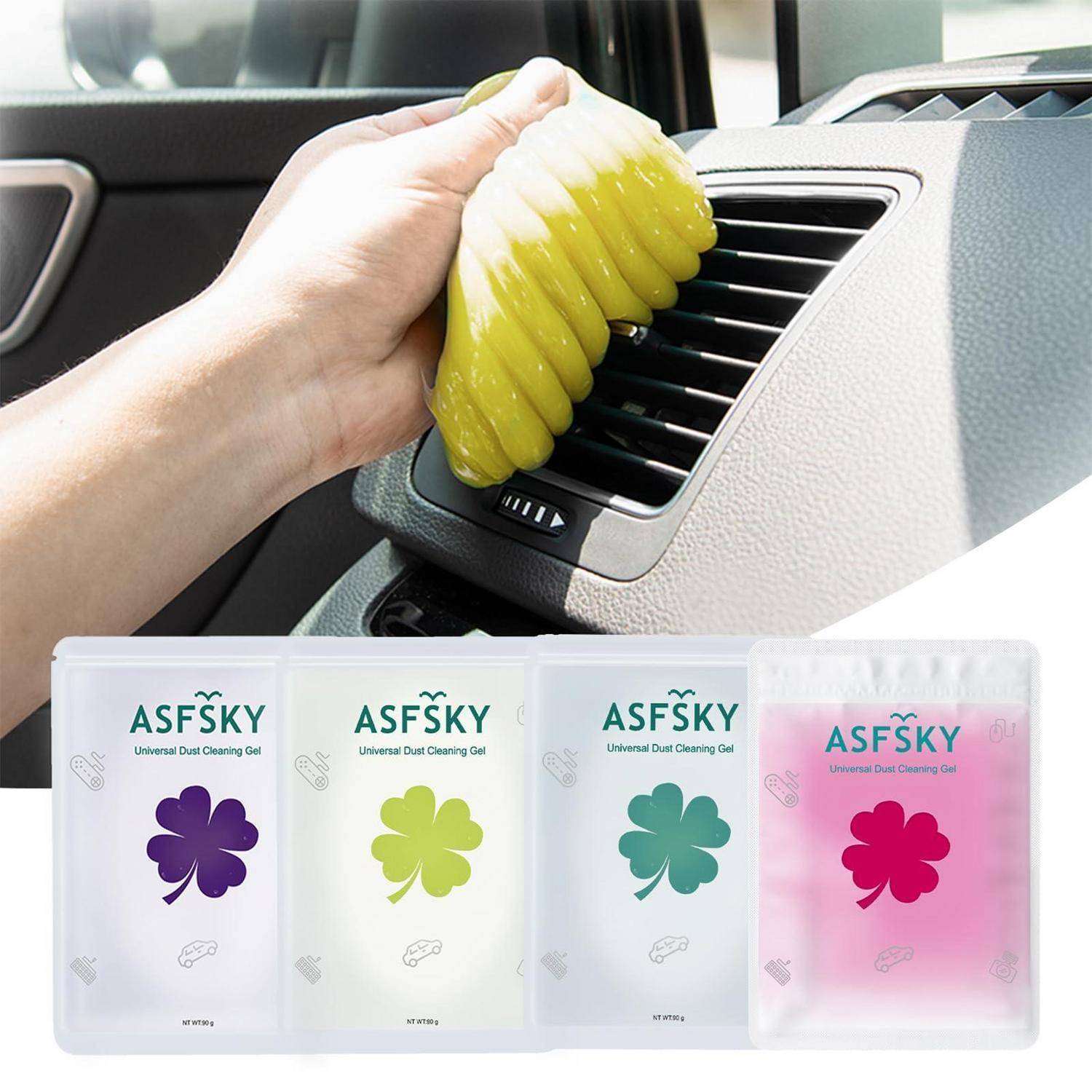 Hand benutzt gelbes Reinigungsgel zum Abwischen einer Autolüftung, mit vier Packungen von „ASF SKY Universal Dust Cleaning Gel