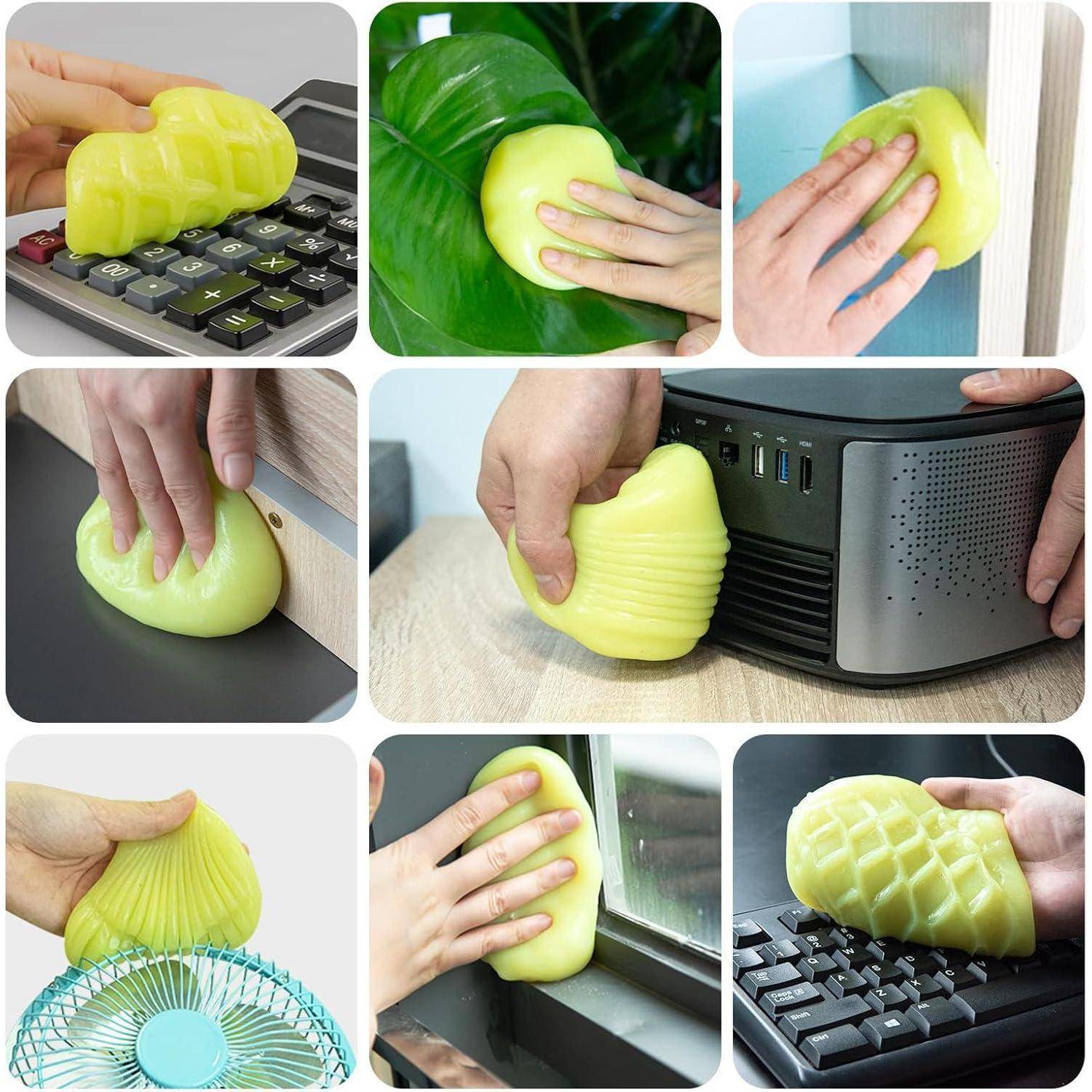 Collage von Händen, die eine gelbe Gel-Reinigungsmasse verwenden, um Staub und Schmutz von einer Tastatur, Computerlüftungsöffnungen, einer Fensterbank und anderen schwer erreichbaren Stellen zu entfernen.