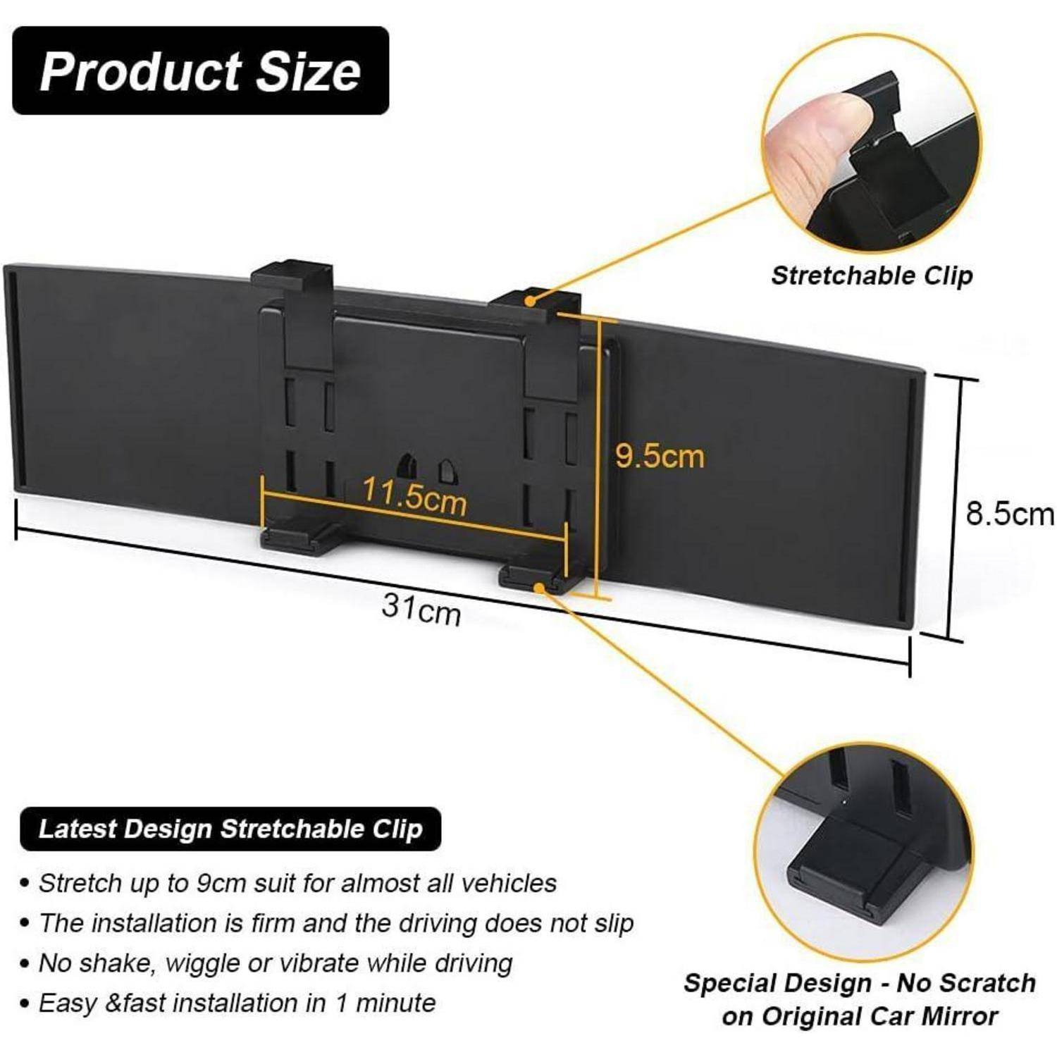 Produktgrößen-Diagramm einer Autospiegelklemme: 31 cm breit, 8,5 cm hoch, mit dehnbarer Klemme und verstellbaren Passdimensionen mit den Bezeichnungen 11,5 cm und 9,5 cm.