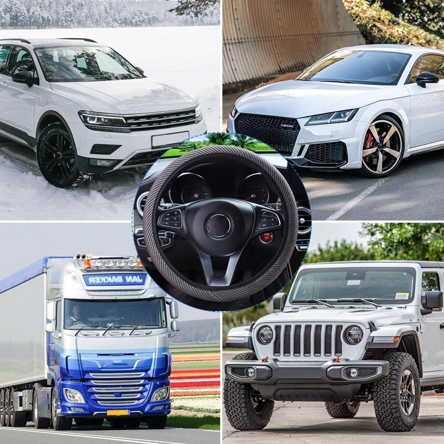 Collage aus vier Fahrzeugen – weißer SUV, weißes Sportscoupé, blauer Kasten-Lkw und weißer Jeep – mit einem Lenkrad in der Mitte über ihnen.