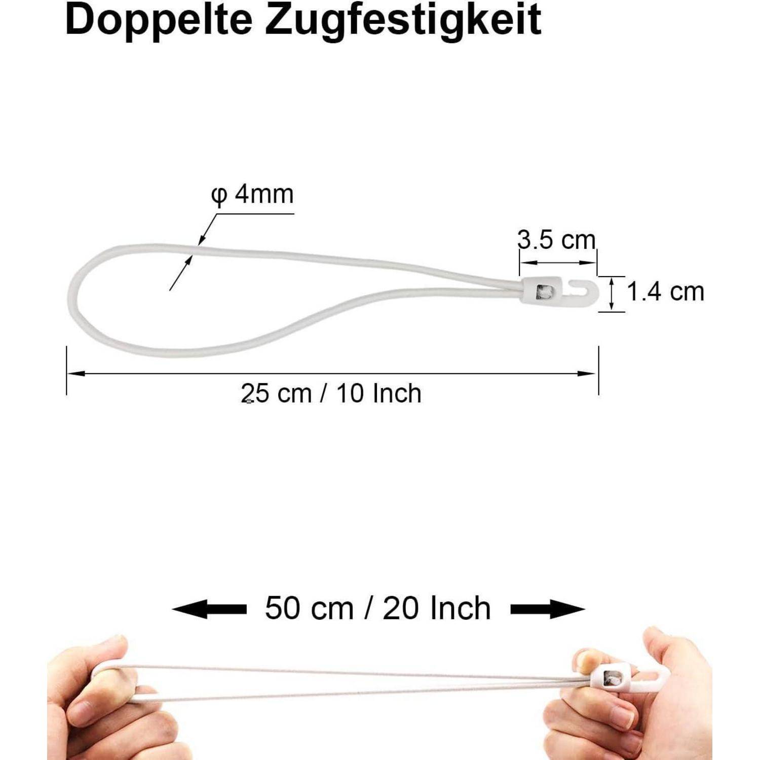 Diagramm einer doppelten Zugelastikschlinge, 25 cm lang und 4 mm dick, mit einer Strecklänge von 50 cm und einer Befestigung von 3,5 cm mal 1,4 cm.
