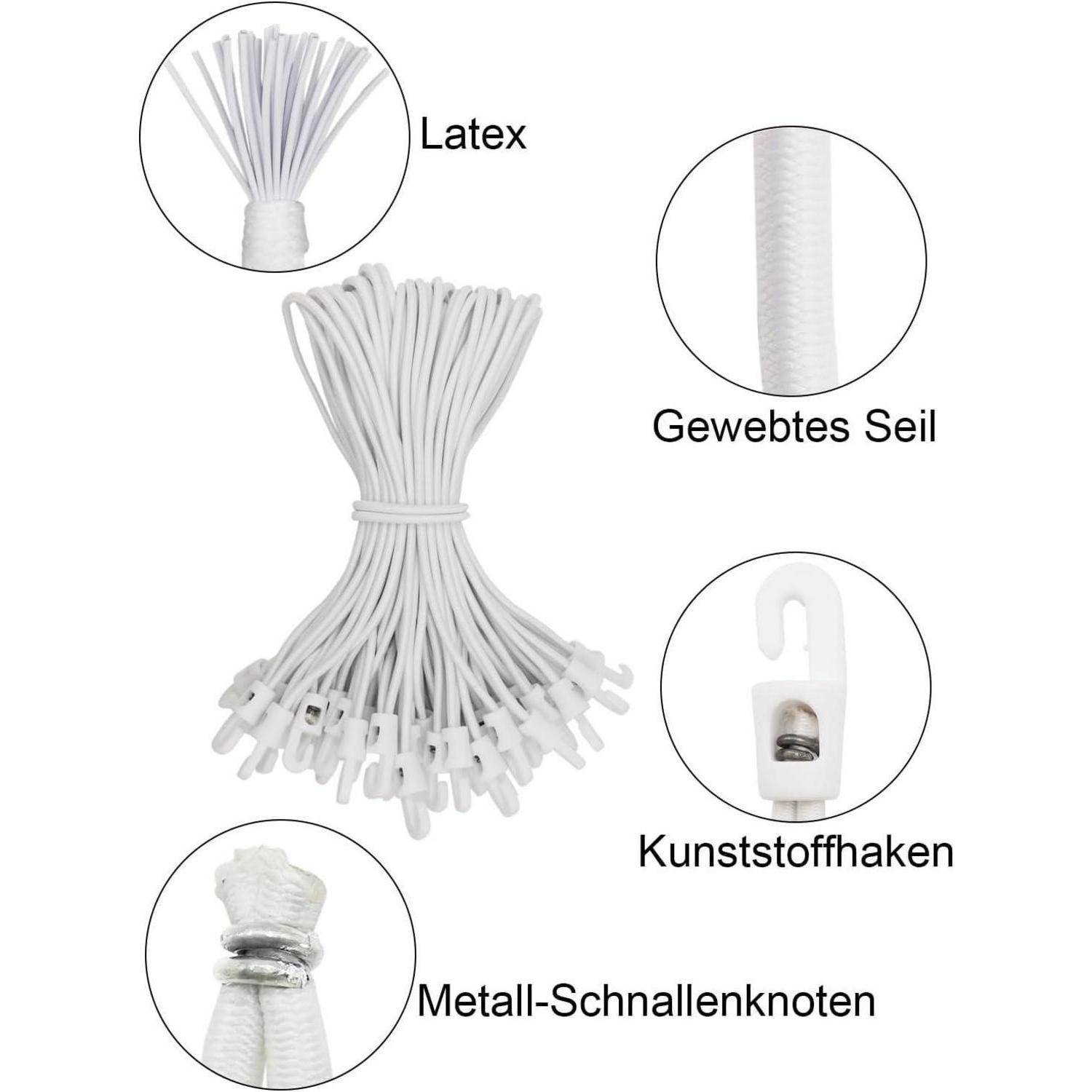 Produktdiagramm eines weißen Bungee-Seils mit Kunststoffhaken, mit beschrifteten Vergrößerungen des Latexkerns, des geflochtenen Seils, des Kunststoffhakens und des Metallknotens.