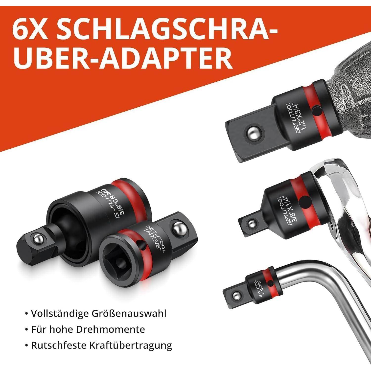 GETLITOOL 20tlg Stecknuss Adapter Set, 11x Steckschlüssel Adapter, 6x Schlagschrauber Adapter, 3x Kardangelenke, Cr-V & Cr-Mo Profi