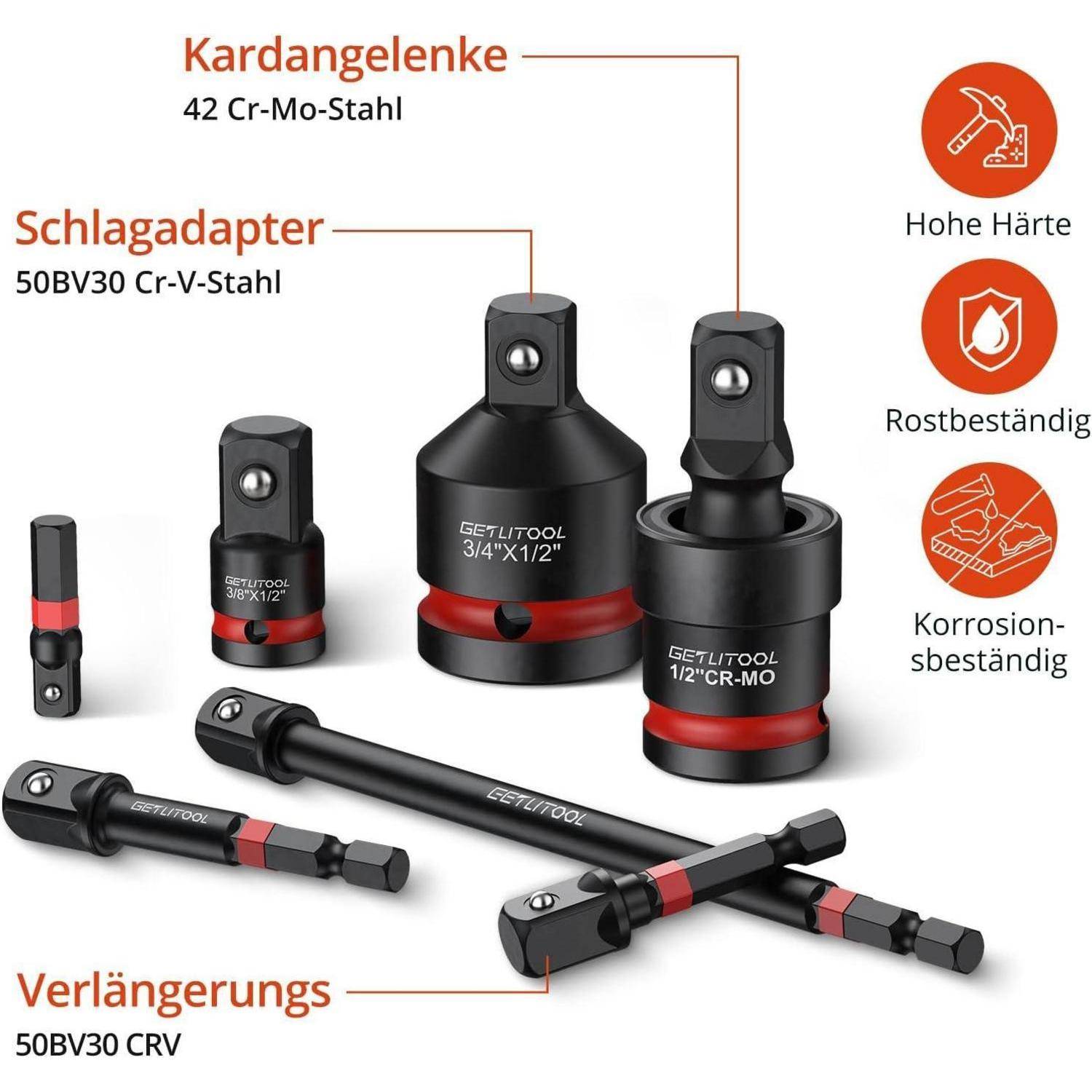 Produktlinie von Schlagschrauber-Adaptern und Verlängerungen, gekennzeichnet auf Deutsch mit Materialien: 'Schlagadapter', 'Verlängerungen' und 'Kardangelenke'; Symbole vermerken hohe Härte, Rost- und Korrosionsbeständigkeit.