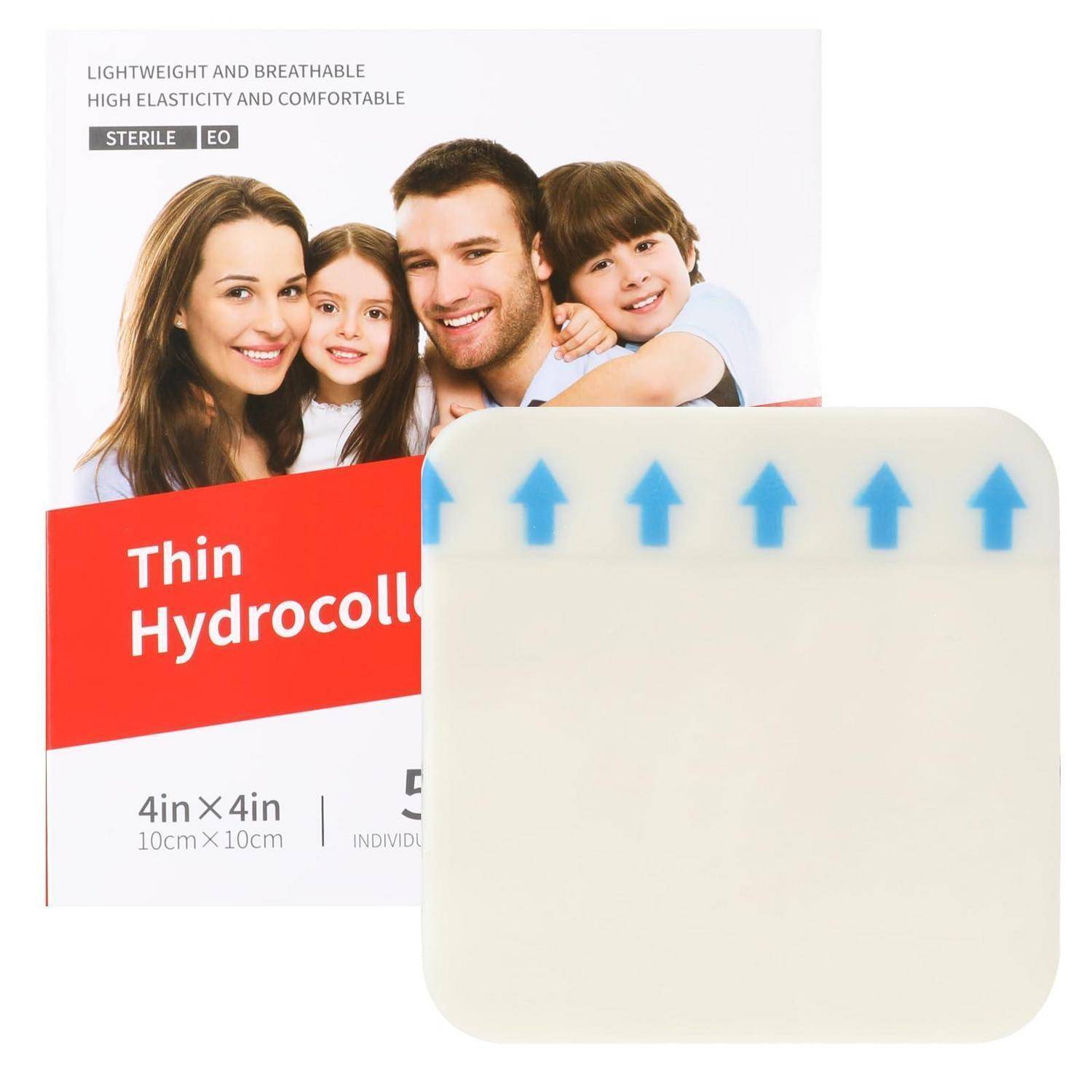 Verpackung für steriles Hydrokolloid-Wundpflaster 4 Zoll x 4 Zoll, gezeigt mit einem quadratischen Haftpad vorne und einem Foto einer lächelnden Familie auf der Schachtel.