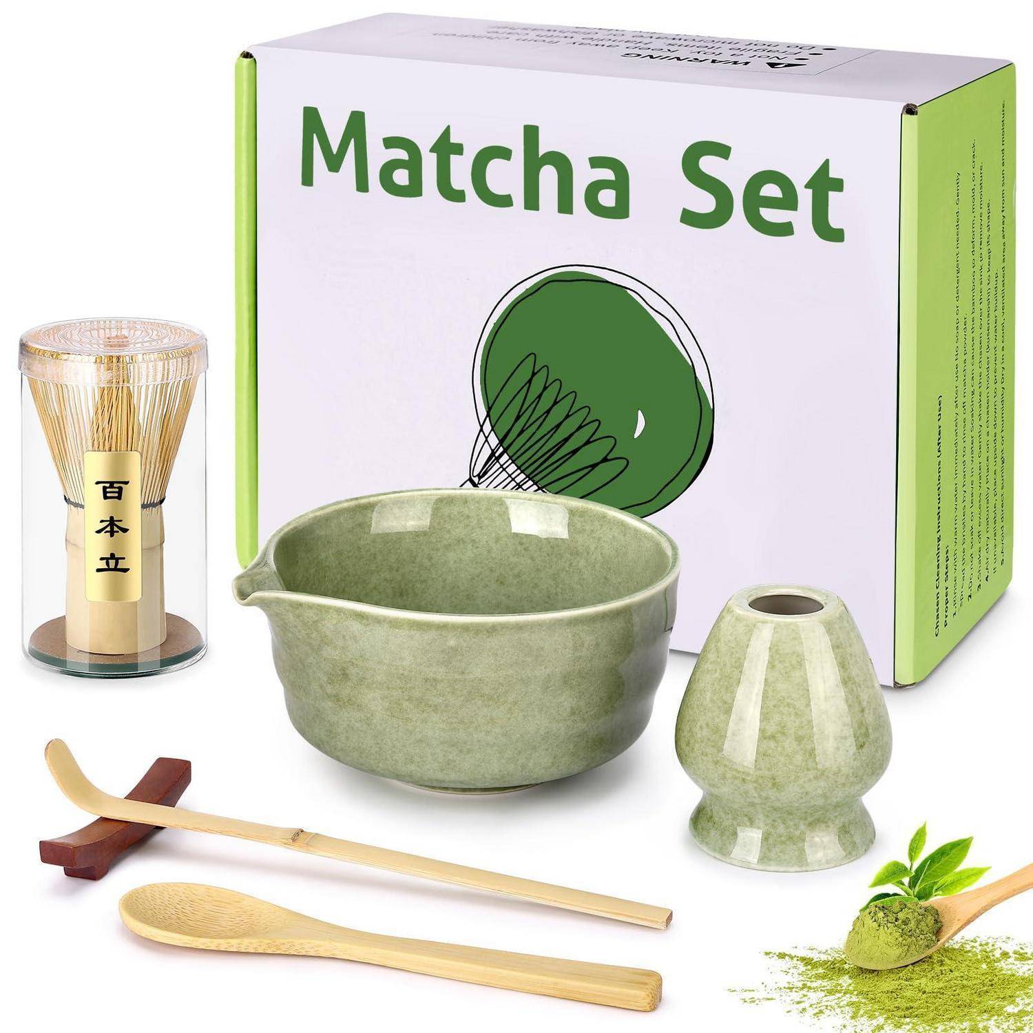 Matcha-Set mit grüner Schale, Besen, Besenhälter, Löffel, Schaufel und Box mit der Aufschrift „Matcha-Set