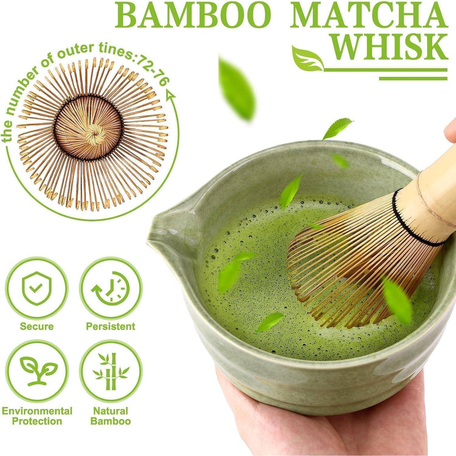 Bambus-Matcha-Besen mit 72-76 äußeren Zinken beim Aufschäumen von grünem Tee in einer Schale, gezeigt mit Beschriftungen für sichere, dauerhafte, umweltschützende und natürliche Bambusqualität.