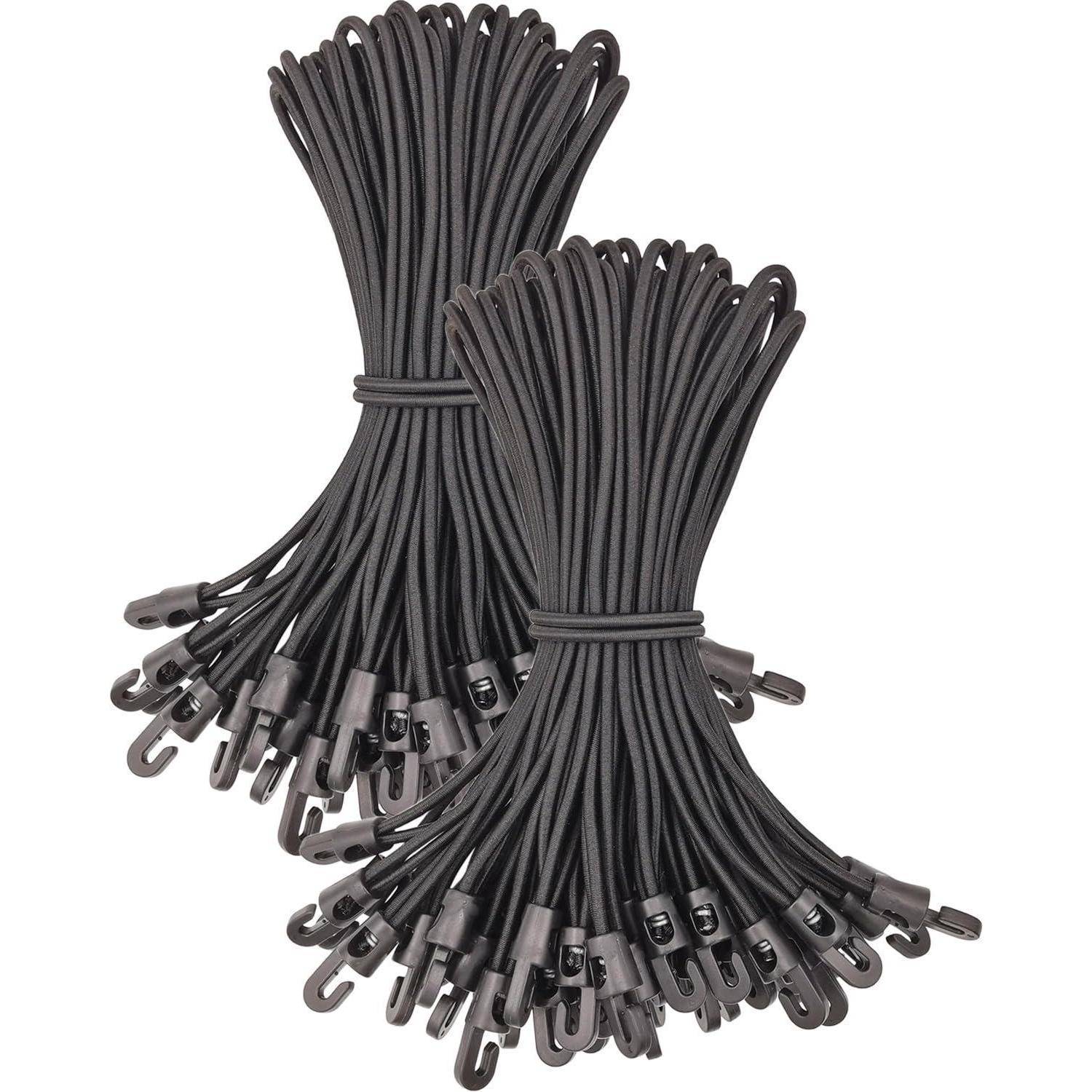 Zwei gebündelte schwarze elastische Schnüre mit Schlaufenenden, gezeigt auf weißem Hintergrund.