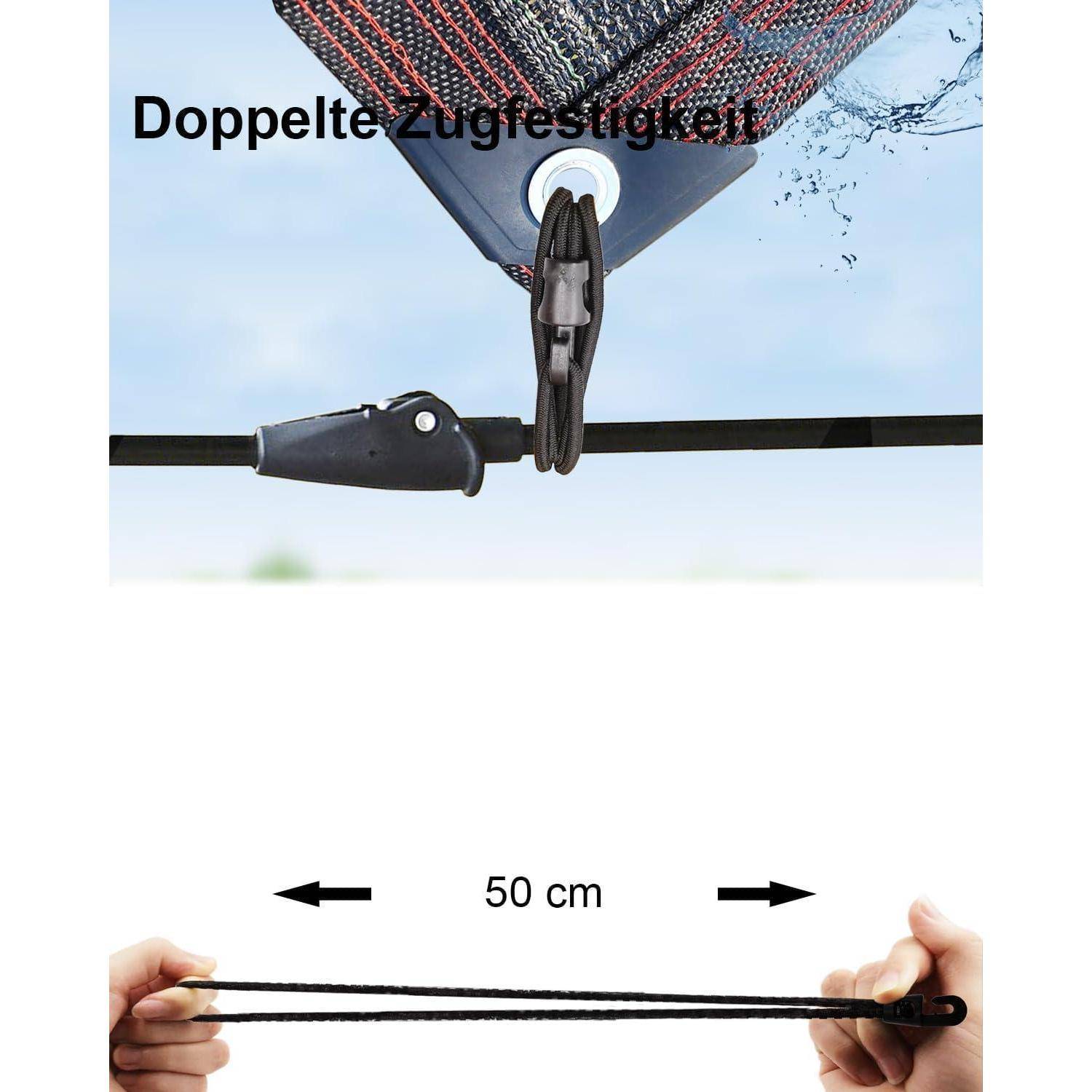 Illustration einer doppelten Sicherungsverbindung an einer Netz- oder Drachenleine, die einen Riemen und einen Haken oben sowie einen Abstand von 50 cm zwischen den Händen darunter zeigt.