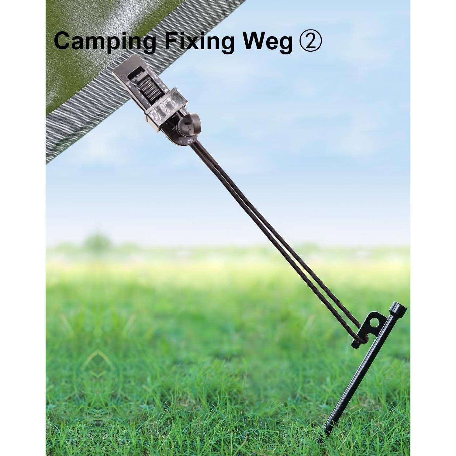 Camping-Plane mit Riemen befestigt und verstellbarem Pfahl über Gras, beschriftet mit „Camping Fixing Weg ②
