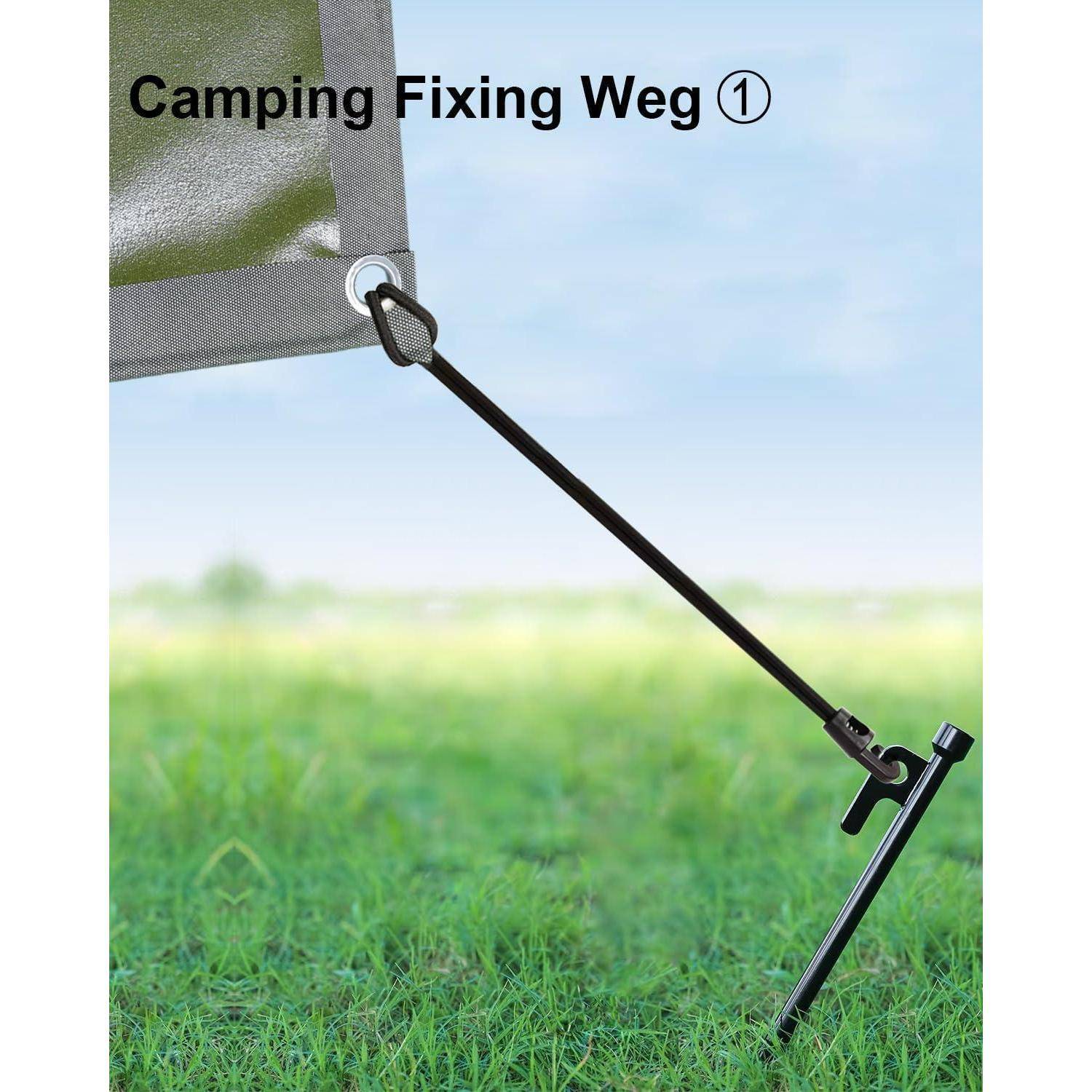 Illustration eines Zeltabspannseils beim Camping: Ein Seil wird von der Zeltkante zu einem Erdanker gespannt, beschriftet mit „Camping Befestigungsweg 1